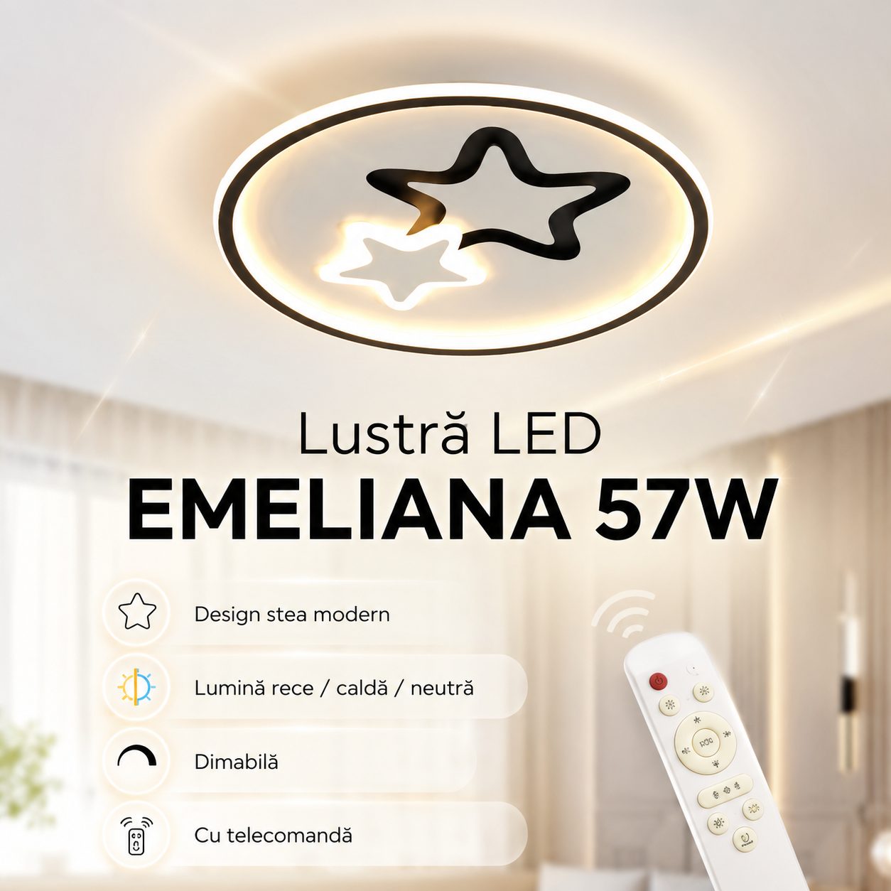 Lustra LED Moderna EMELIANA, 57W, Forma Luna si Stea, 3 Surse LED, Telecomanda, Intensitate Reglabila, 3000K/4000K/6000K, Negru/Alb
