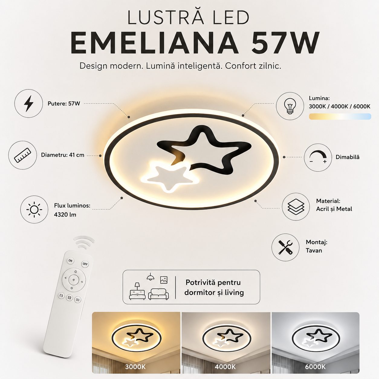 Lustra LED Moderna EMELIANA, 57W, Forma Luna si Stea, 3 Surse LED, Telecomanda, Intensitate Reglabila, 3000K/4000K/6000K, Negru/Alb
