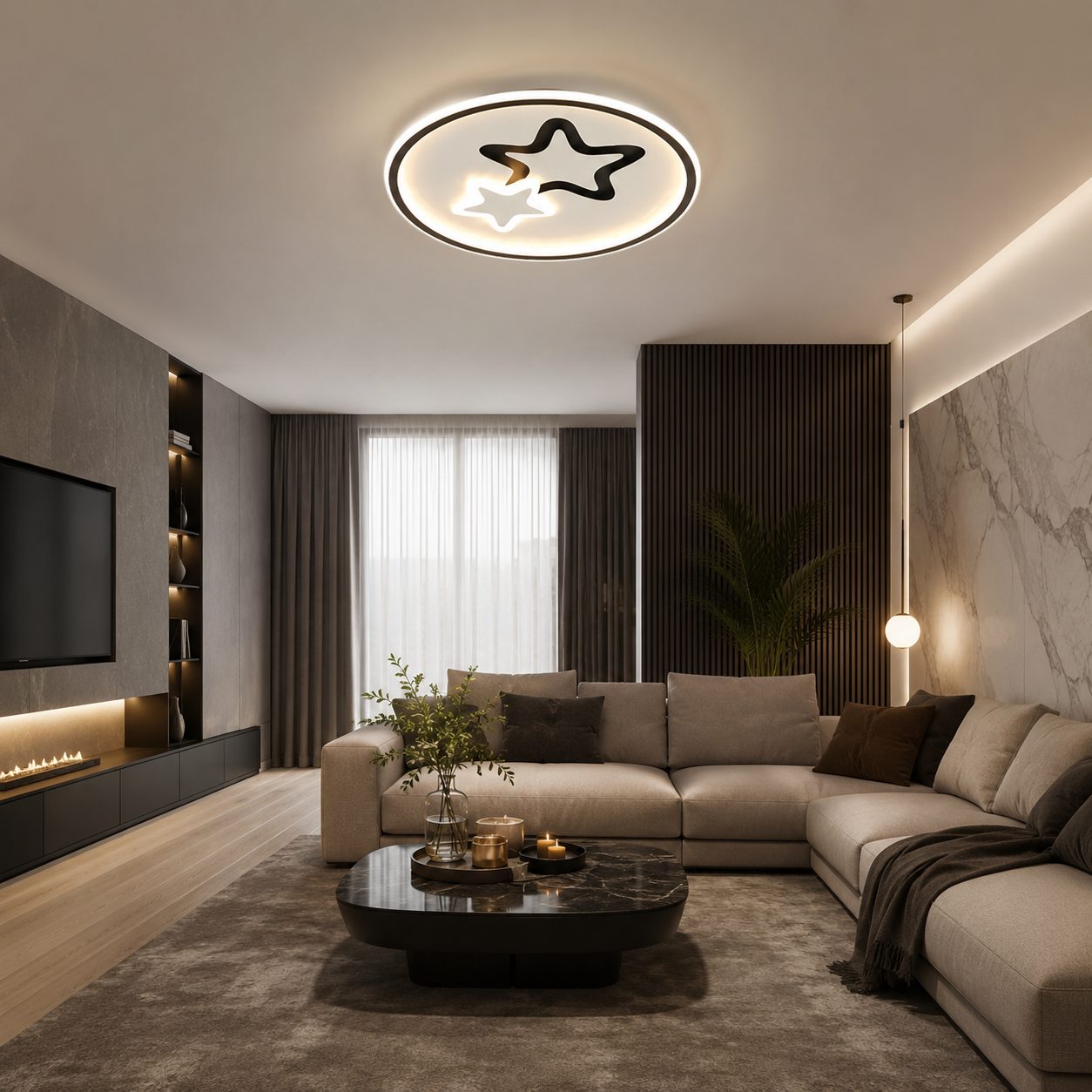 Lustra LED Moderna EMELIANA, 57W, Forma Luna si Stea, 3 Surse LED, Telecomanda, Intensitate Reglabila, 3000K/4000K/6000K, Negru/Alb