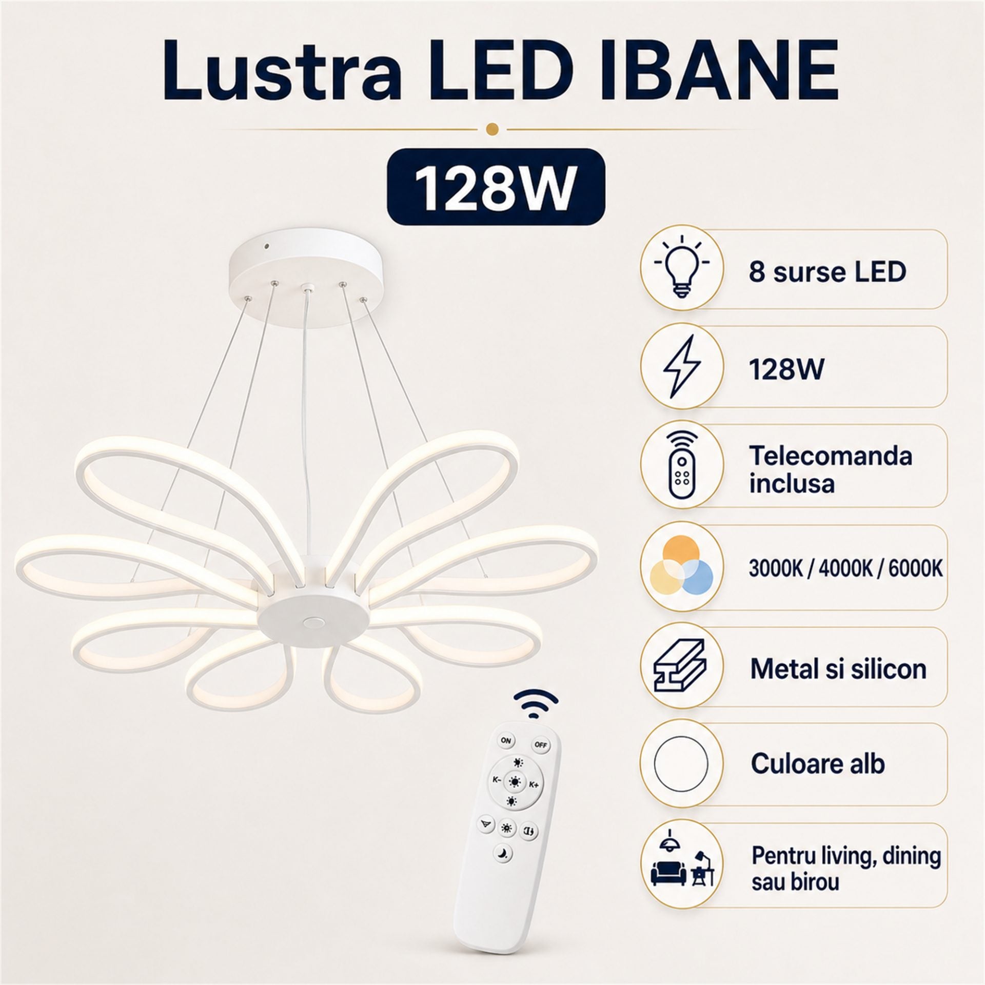 Lustra LED cu telecomanda IBANE, 8 surse, 3000K/4000K/6000K, 128W, Metal si Silicon, Alb