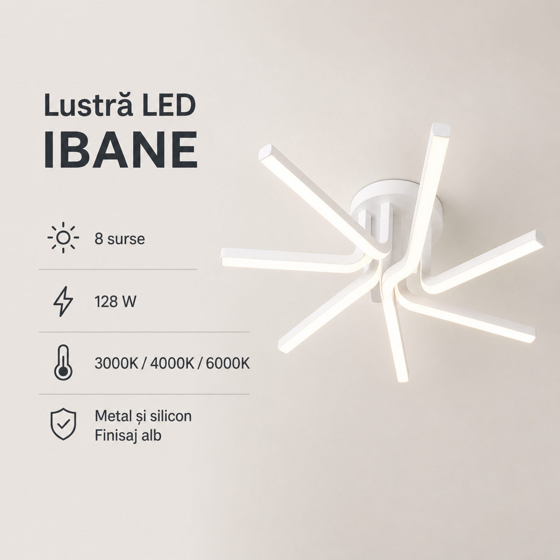 Lustra LED cu telecomanda IBANE, 8 surse, 3000K/4000K/6000K, 128W, Metal si Silicon, Alb