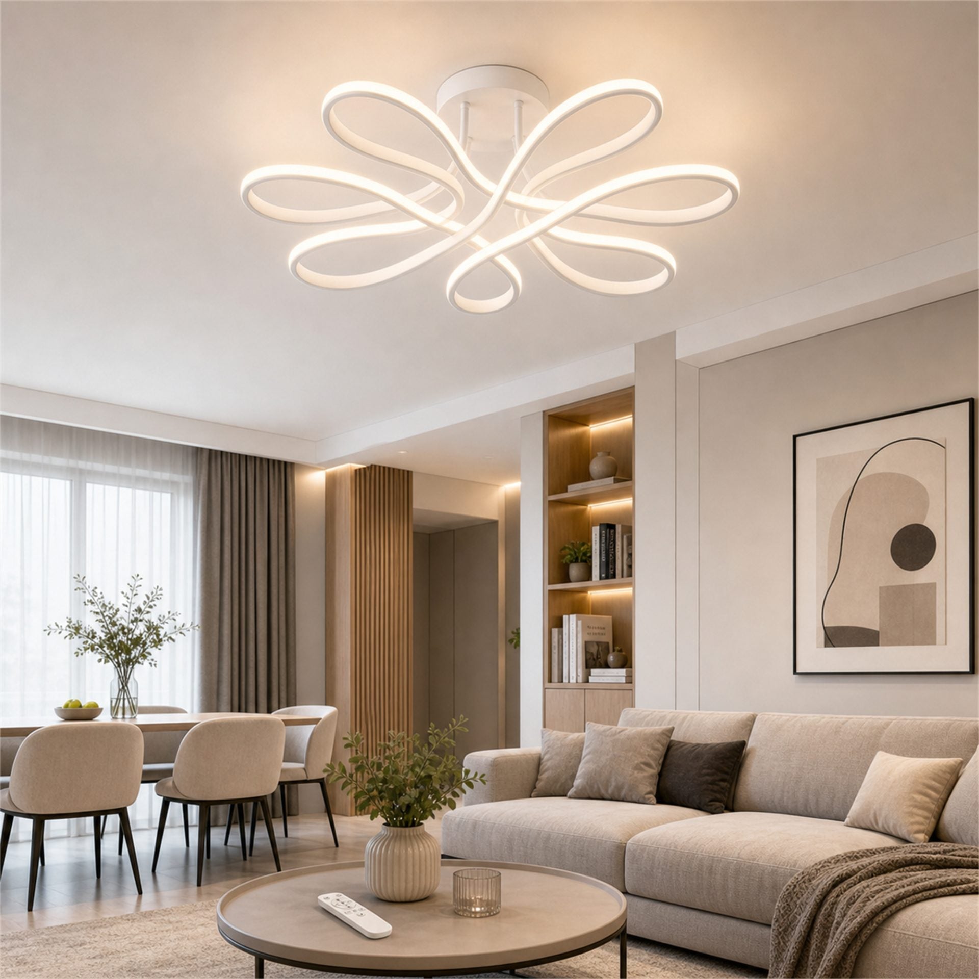 Lustra LED cu telecomanda IBANE, 8 surse, 3000K/4000K/6000K, 128W, Metal si Silicon, Alb