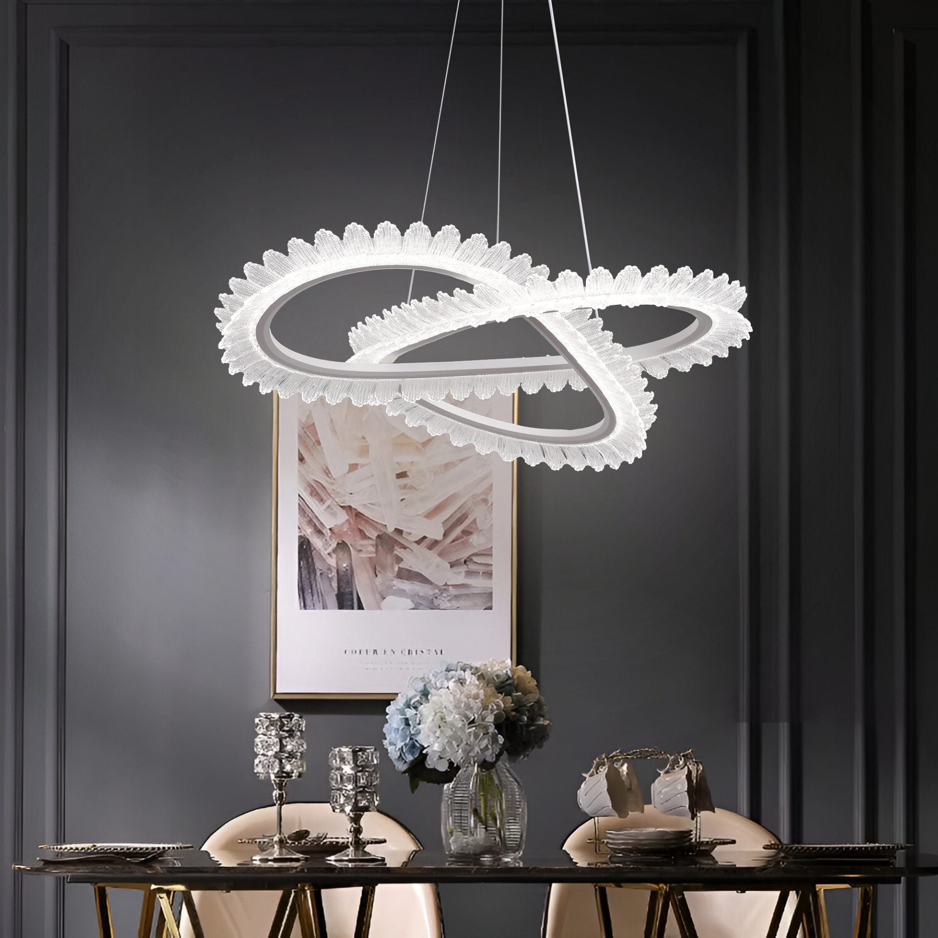 Lustra LED cu Telecomanda LT187WH, Cristal si Metal, 52W, Dimabila, Inaltime Reglabila, lumina Rece/Calda/Neutra, Iluminat Luxos