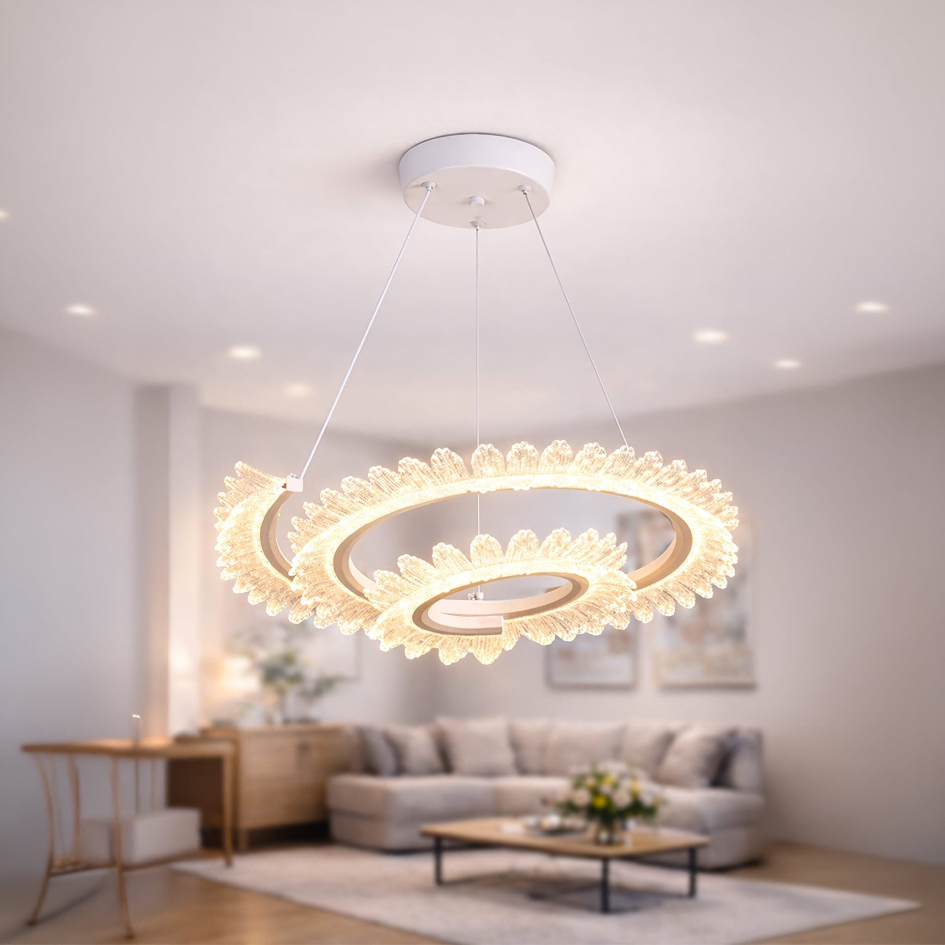 Lustra LED cu Telecomanda LT188WH, Cristal si Metal, 40W, Dimabila, Inaltime Reglabila, Lumina Rece/Calda/Neutra, Iluminat Luxos
