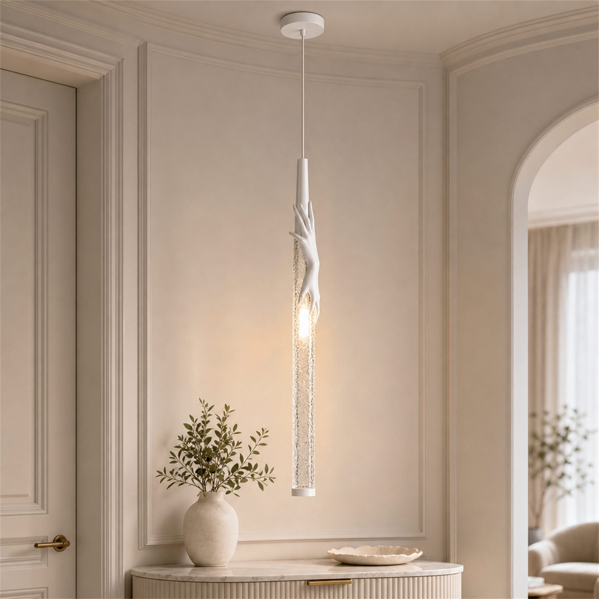 Lustra LED MANOS, 13x120cm, 1xE27, Sticla si Resina, Alb