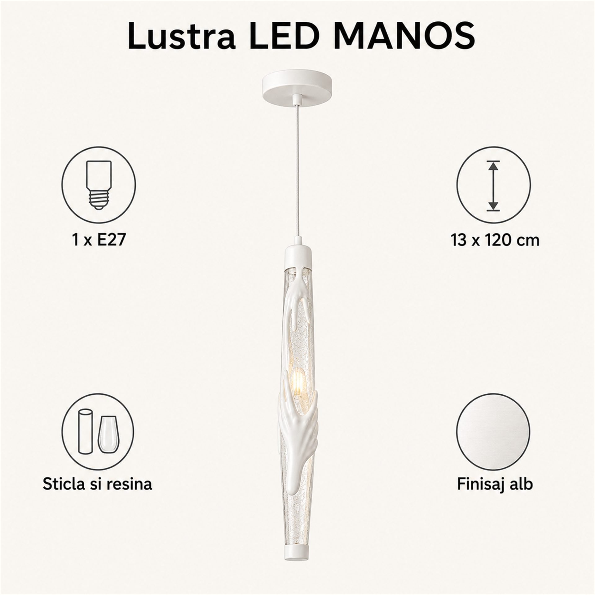 Lustra LED MANOS, 13x120cm, 1xE27, Sticla si Resina, Alb