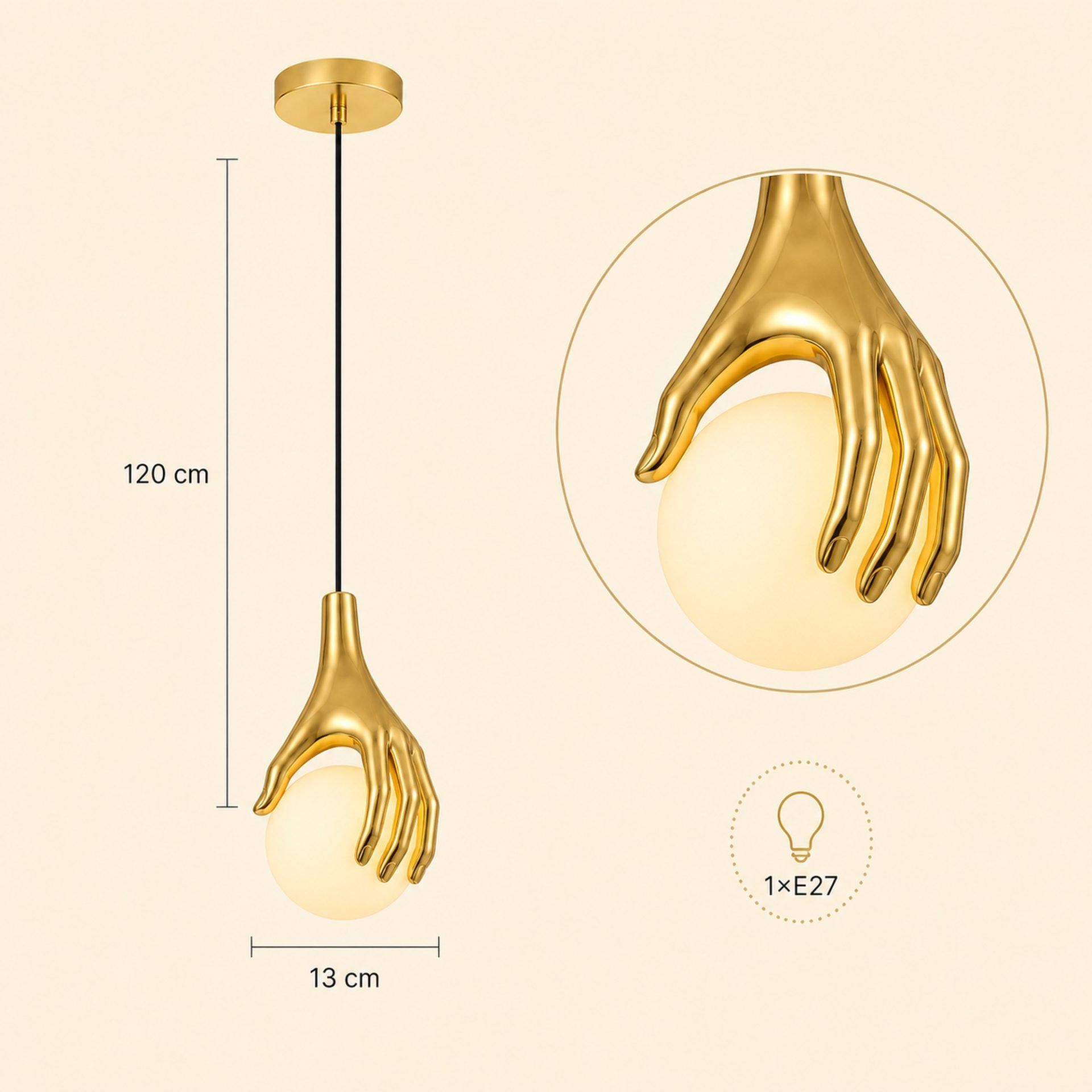 Lustra LED MANOS, 13x120cm, 1xE27, Sticla si Resina, Auriu