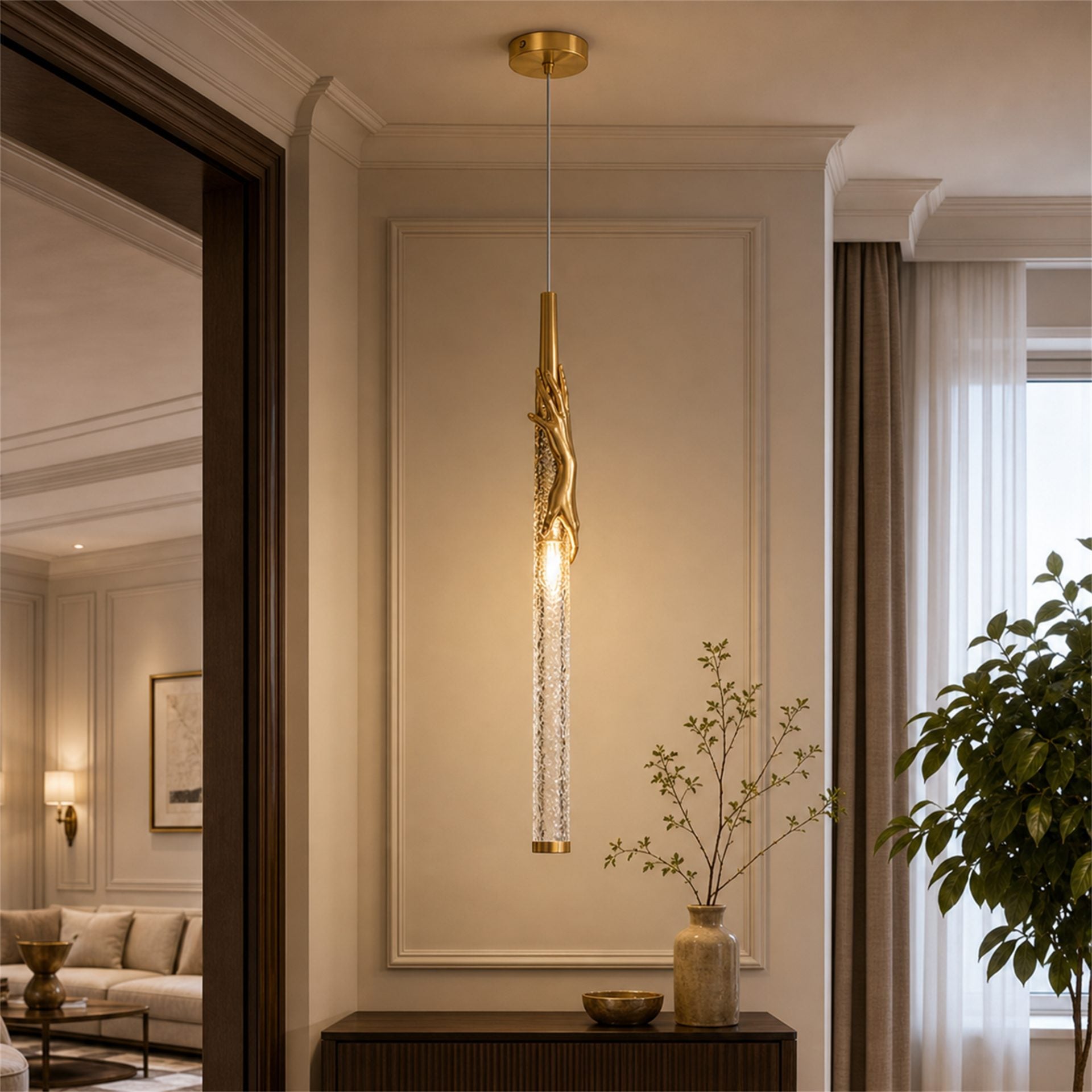 Lustra LED MANOS, 13x120cm, 1xE27, Sticla si Resina, Auriu