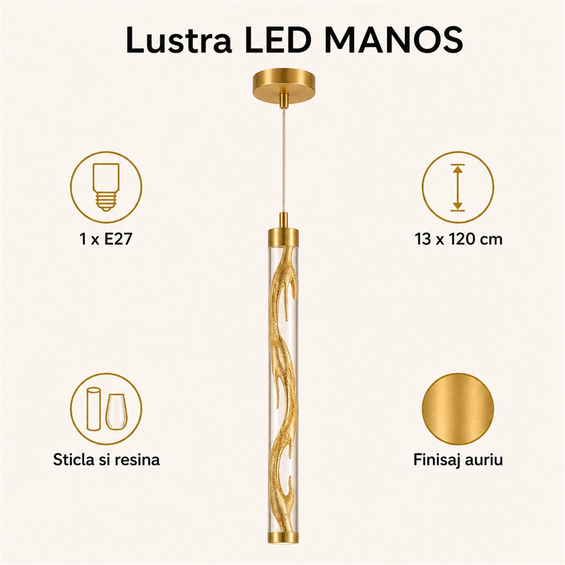 Lustra LED MANOS, 13x120cm, 1xE27, Sticla si Resina, Auriu