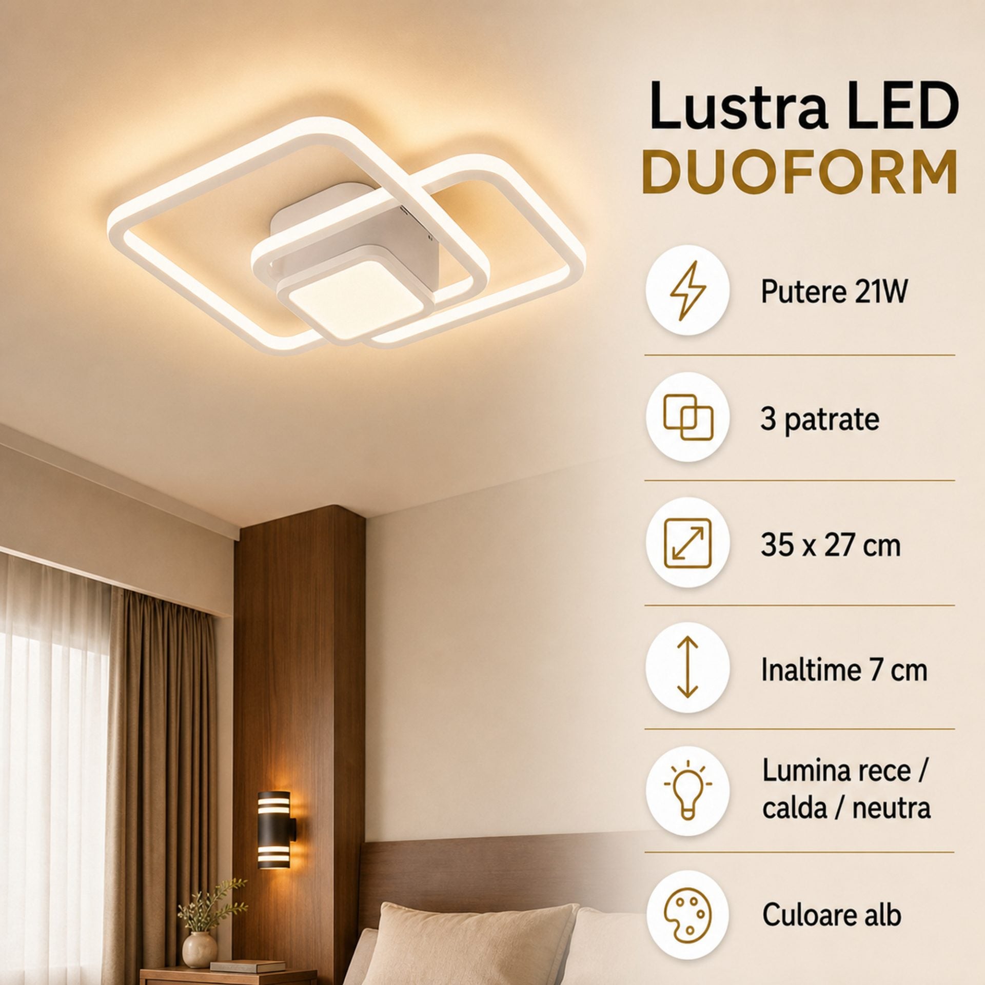 Lustra LED Moderna DUOFORM, 21W, Design Geometric cu 3 Patrate, Lumina Calda/Neutra/Rece, Alb
