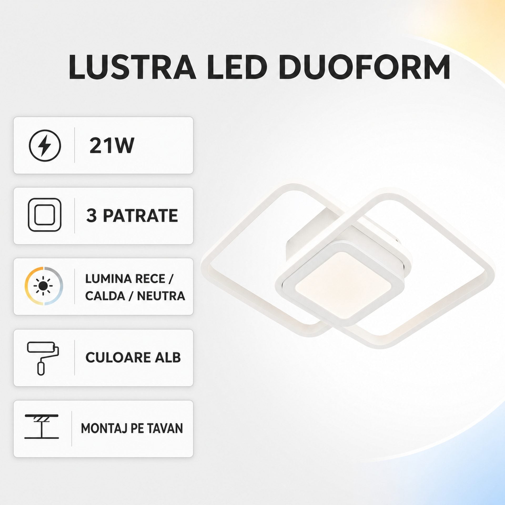 Lustra LED Moderna DUOFORM, 21W, Design Geometric cu 3 Patrate, Lumina Calda/Neutra/Rece, Alb