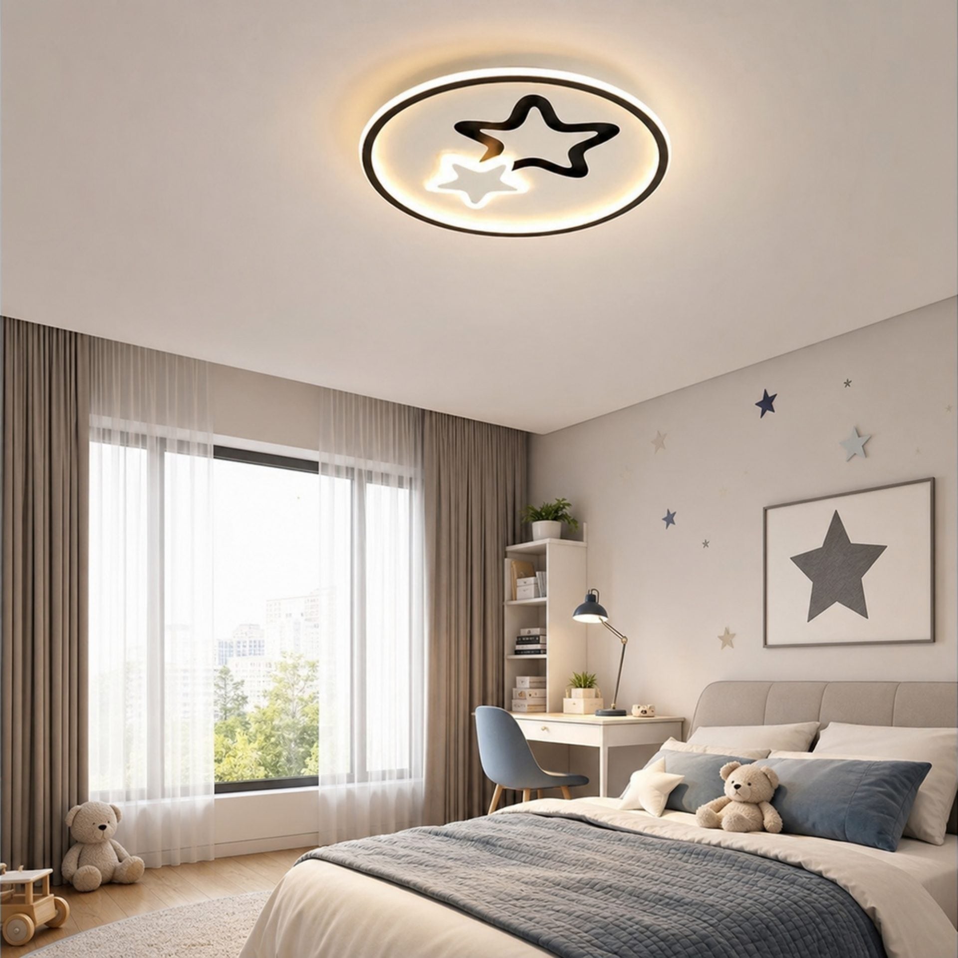 Lustra LED Moderna EMELIANA, 57W, Forma Luna si Stea, 3 Surse LED, Telecomanda, Intensitate Reglabila, 3000K/4000K/6000K, Negru/Alb