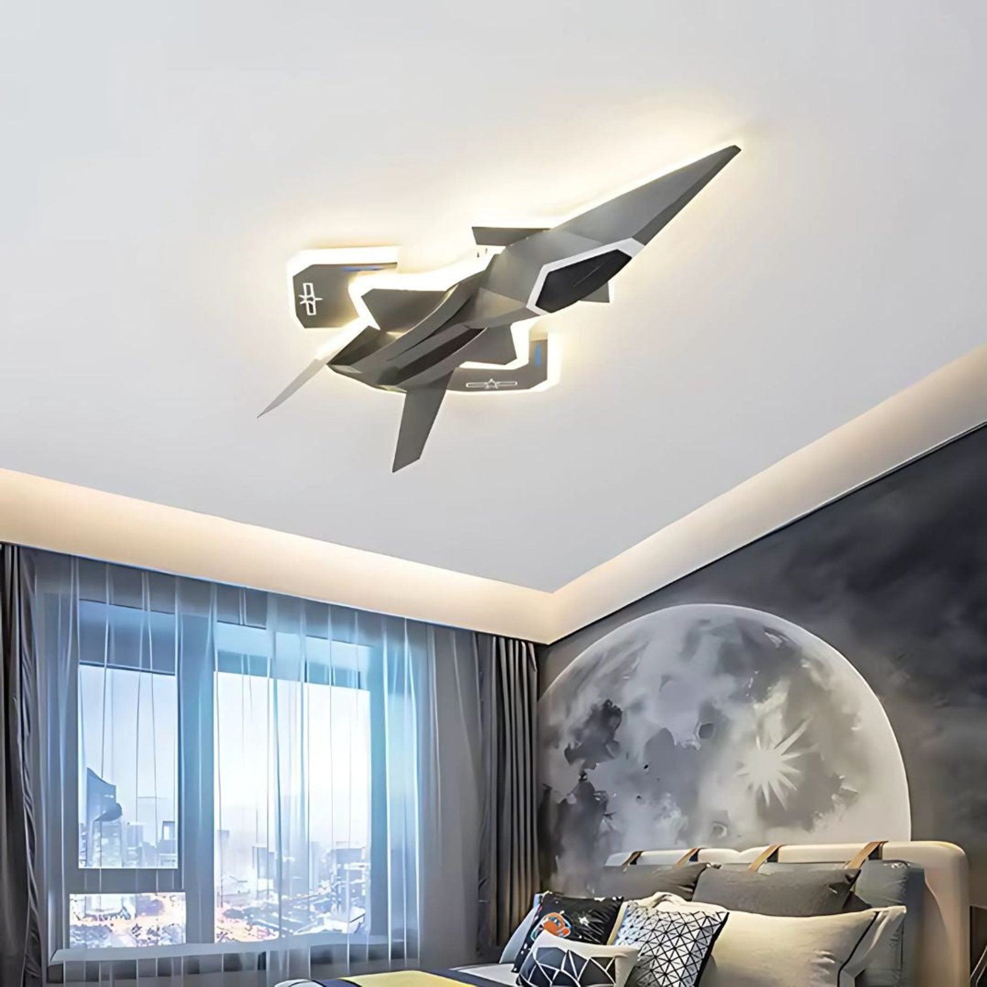 Lustra LED pentru copii FIGHTER, Tip avion, 101W, Lumina Rece/Calda/Neutra, Aripi mobile, Gri Aeronautic