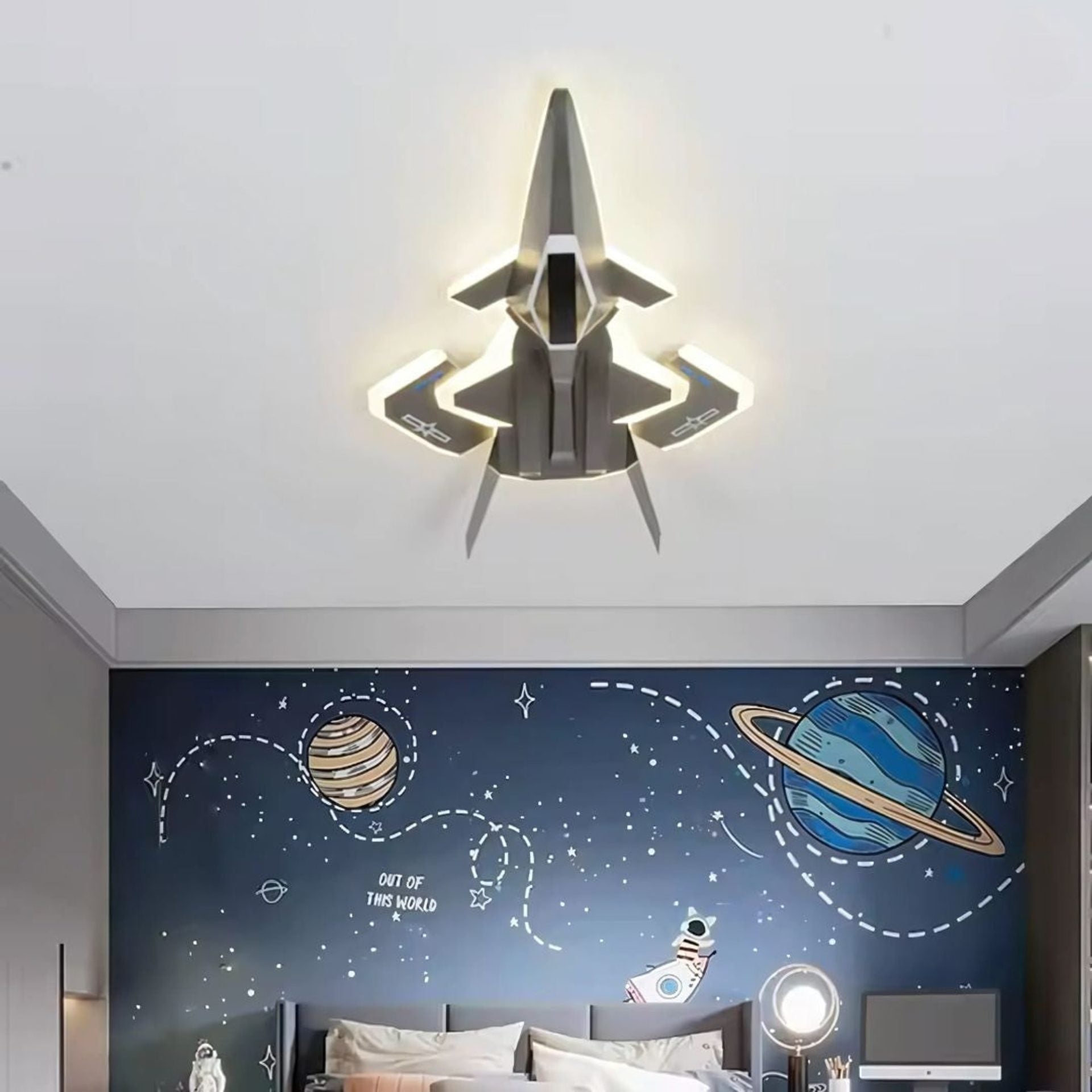 Lustra LED pentru copii FIGHTER, Tip avion, 101W, Lumina Rece/Calda/Neutra, Aripi mobile, Gri Aeronautic