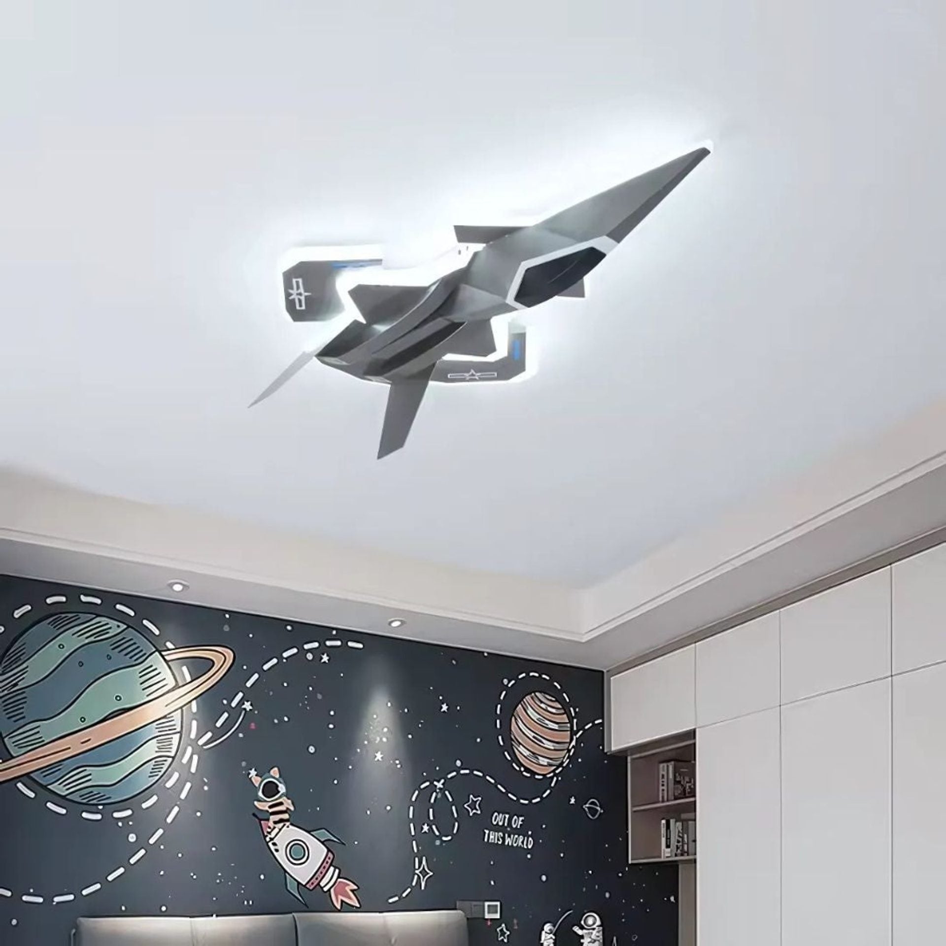 Lustra LED pentru copii FIGHTER, Tip avion, 101W, Lumina Rece/Calda/Neutra, Aripi mobile, Gri Aeronautic