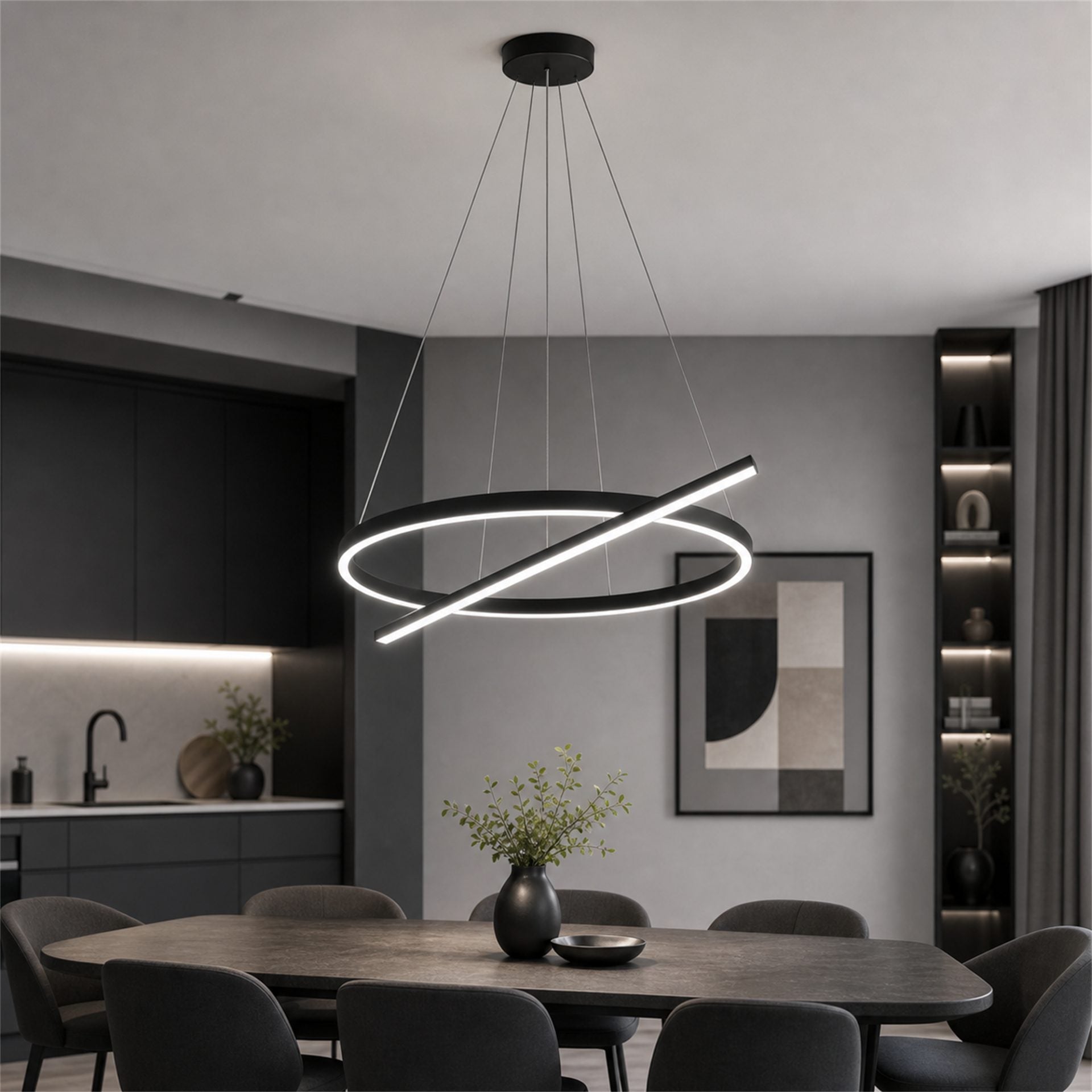 Lustra LED suspendata ANGLE, D52cm, 25W, Inaltime Reglabila, Lumina Rece, Negru, Metal si Acril