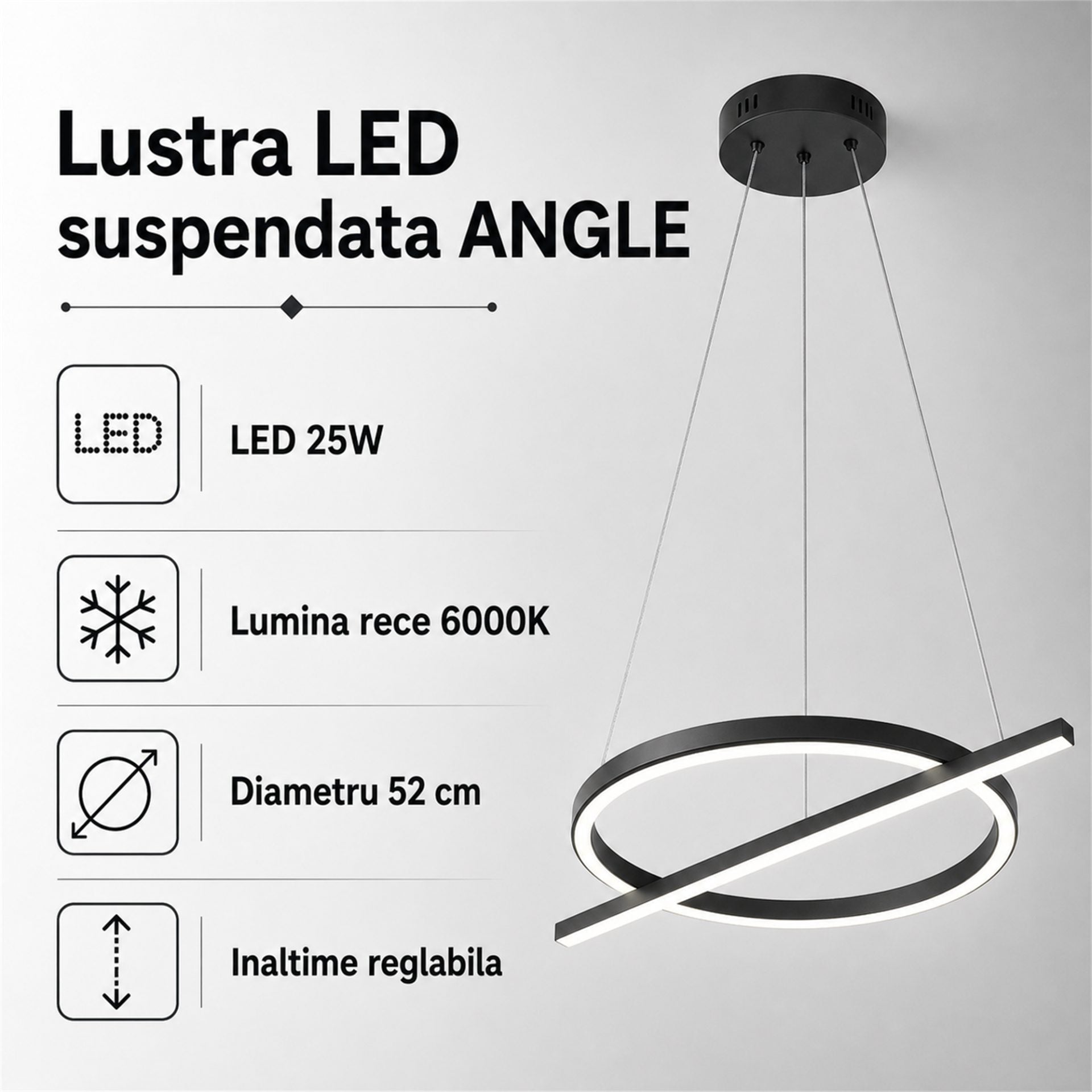 Lustra LED suspendata ANGLE, D52cm, 25W, Inaltime Reglabila, Lumina Rece, Negru, Metal si Acril
