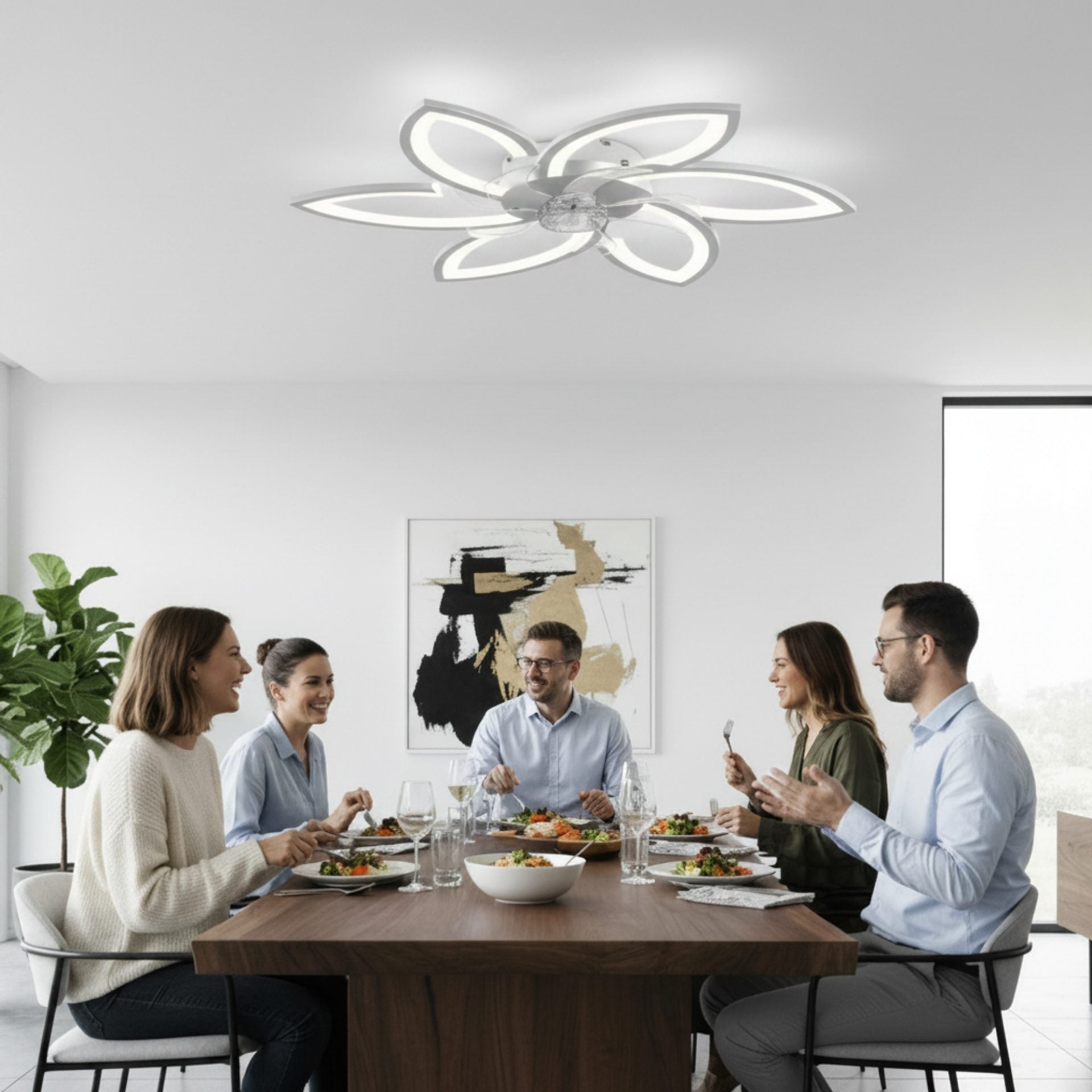Lustra LED Ventilator ANEMO cu Telecomanda, 36W, D76.5cm, Lumina Rece/Neutra/Calda, Metal si Plastic, Alb