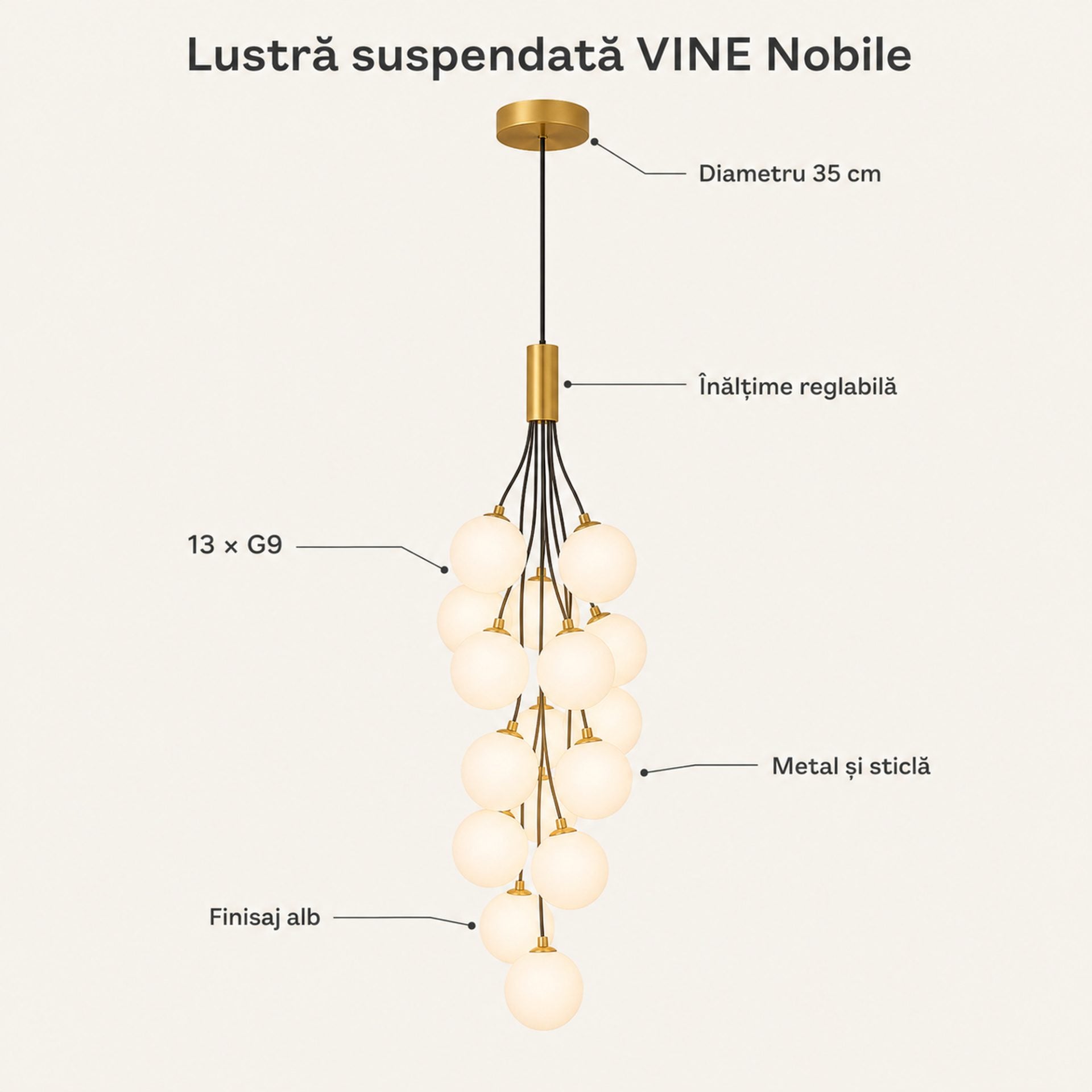 Lustra Suspendata VINE Nobile, Ø35cm, 13xG9, Alb, Metal si Sticla