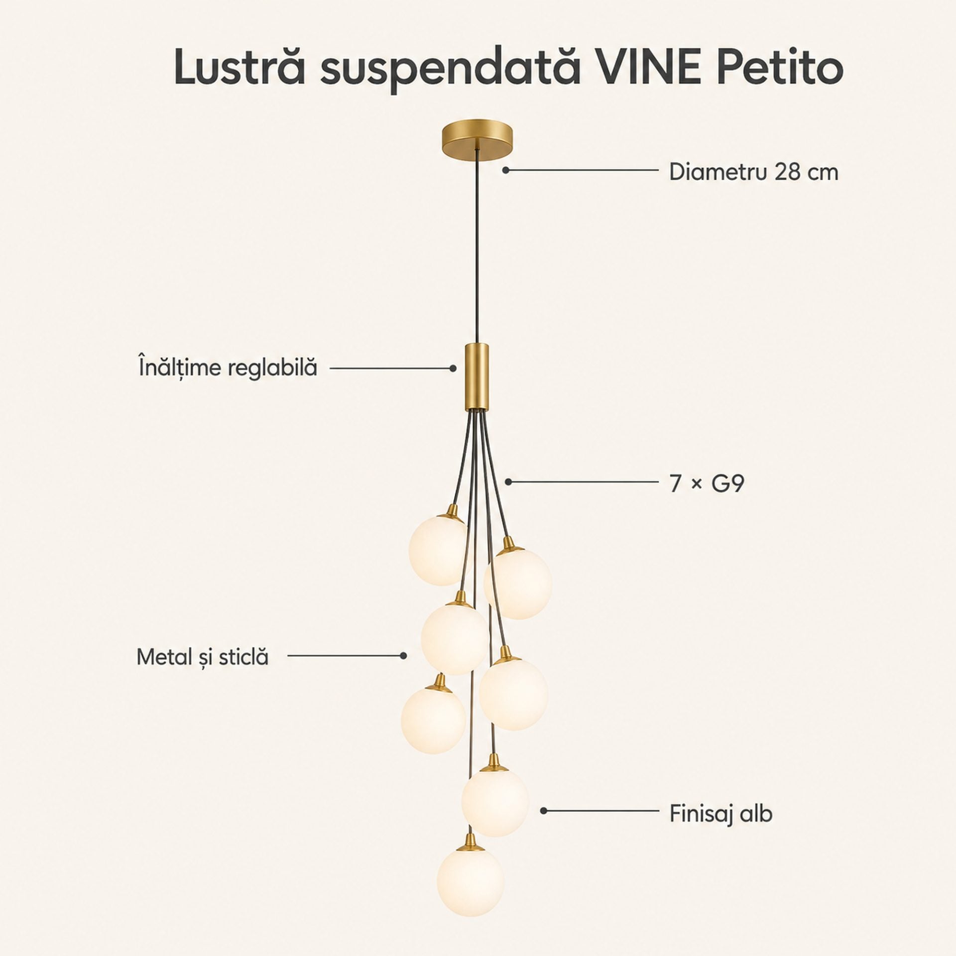 Lustra Suspendata VINE Petito, Ø28cm, 7xG9, Alb, Metal si Sticla