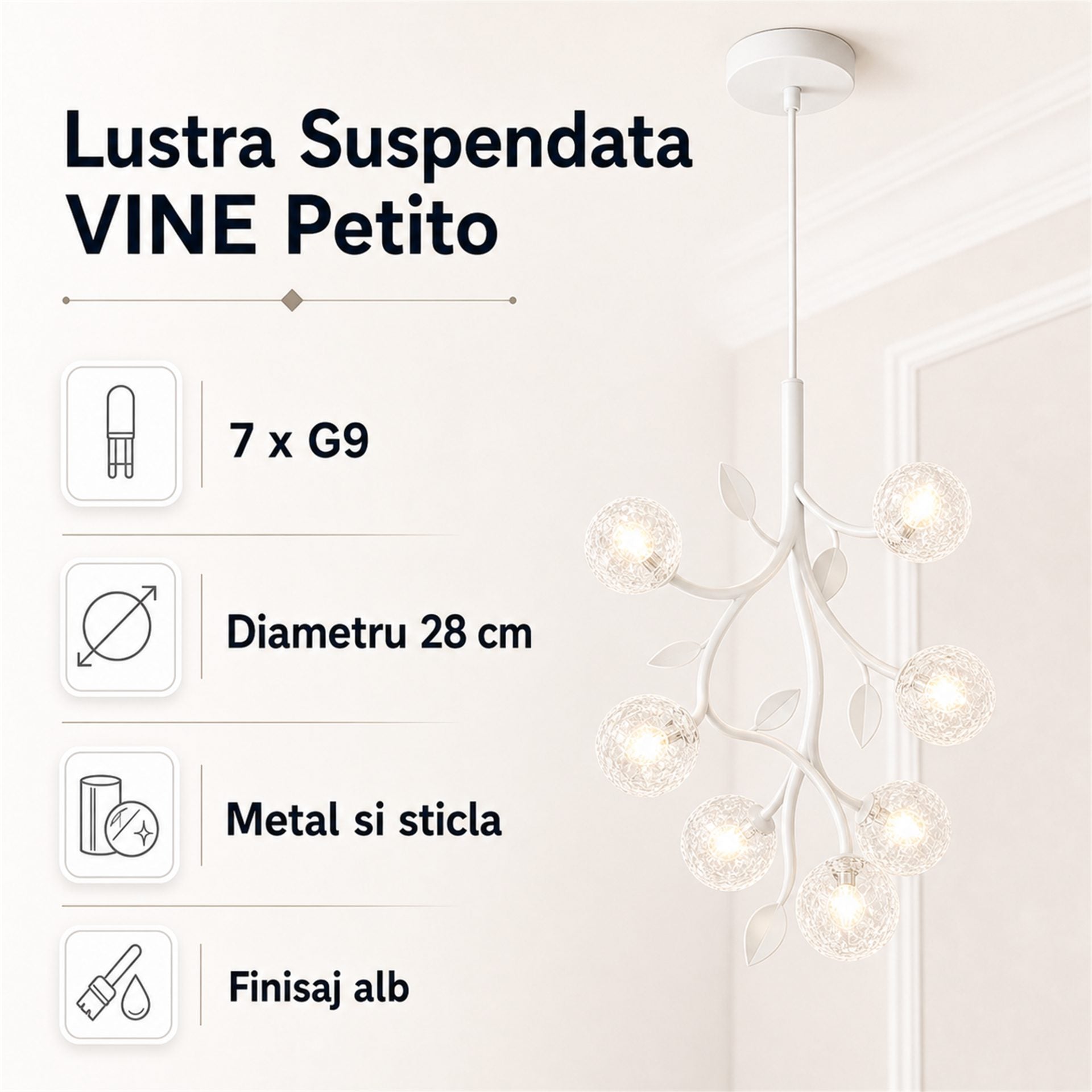 Lustra Suspendata VINE Petito, Ø28cm, 7xG9, Alb, Metal si Sticla