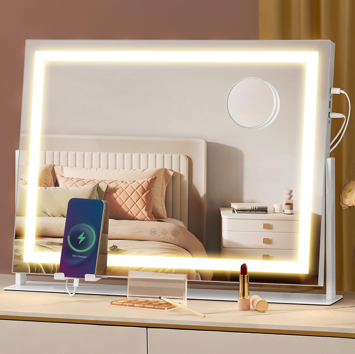 SONGMICS Oglinda machiaj cu iluminare LED, 3 culori lumina, suport telefon, 2 porturi USB, zoom 10x, 58x43 cm, alb