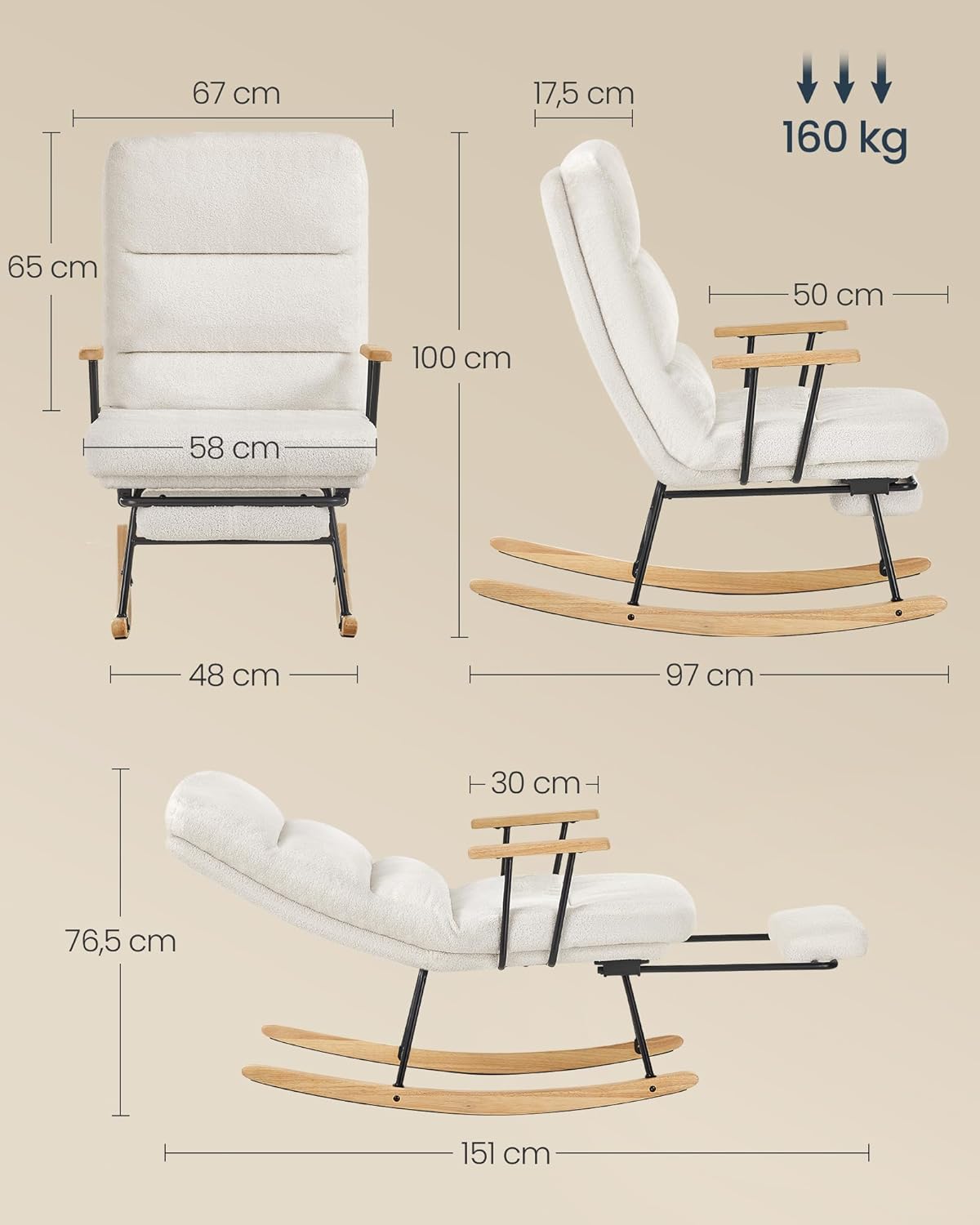 SONGMICS Fotoliu balansoar reglabil cu suport picioare reglabil, textil plusat, 85x75x105 cm, crem