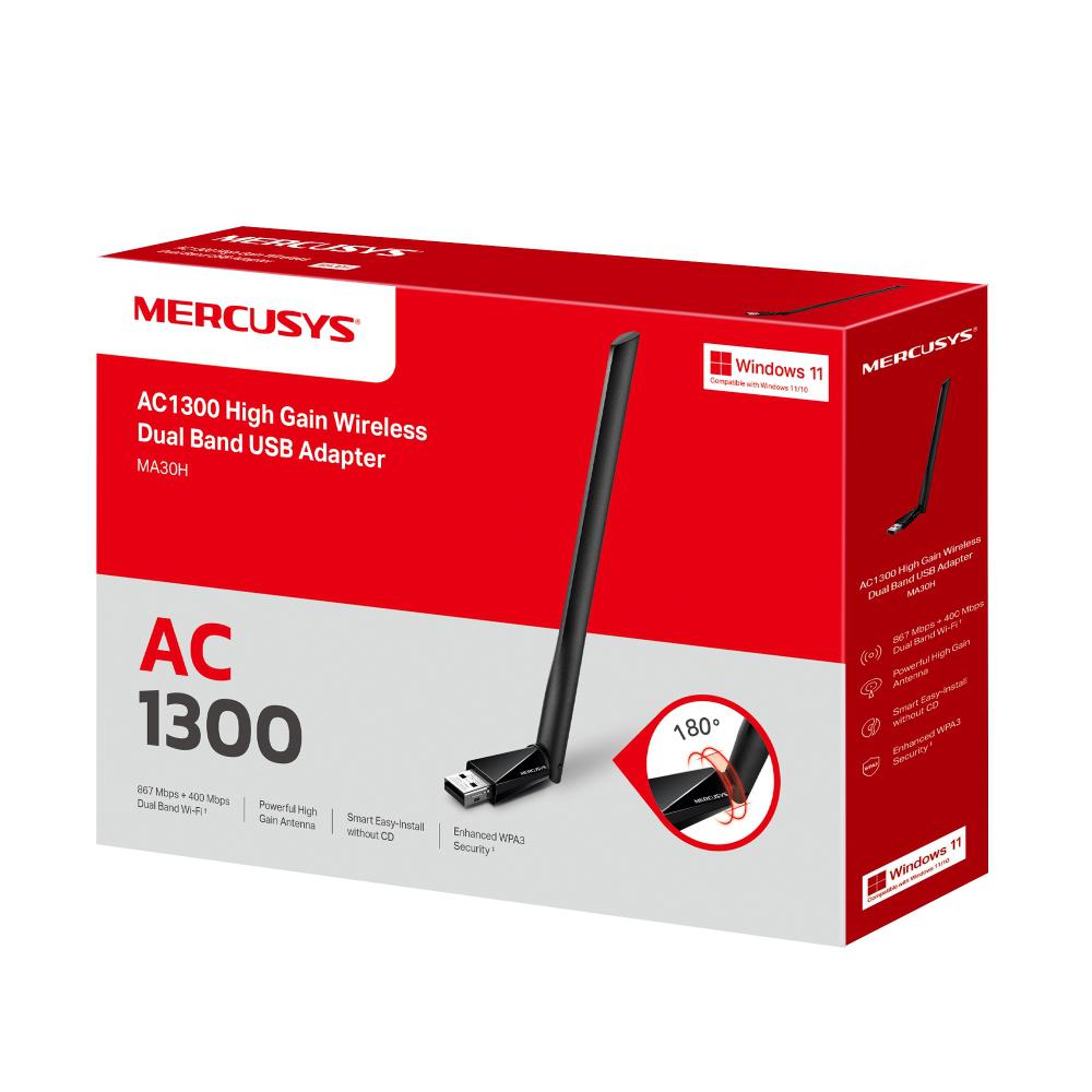 ADAPTOR RETEA MERCUSYS, AC1300 extern wireless 2.4 GHz | 5 GHz, USB 2.0, 1300 Mbps, antena externa x 1, "MA30H"