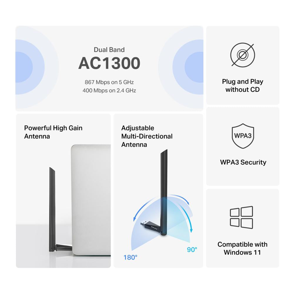 ADAPTOR RETEA MERCUSYS, AC1300 extern wireless 2.4 GHz | 5 GHz, USB 2.0, 1300 Mbps, antena externa x 1, "MA30H"
