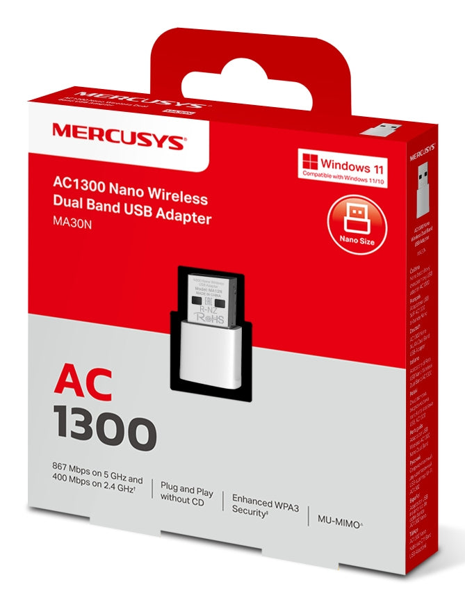 ADAPTOR RETEA MERCUSYS, nano AC1300 extern wireless 2.4 GHz | 5 GHz, USB 2.0, 1300 Mbps, alb, "MA30N"
