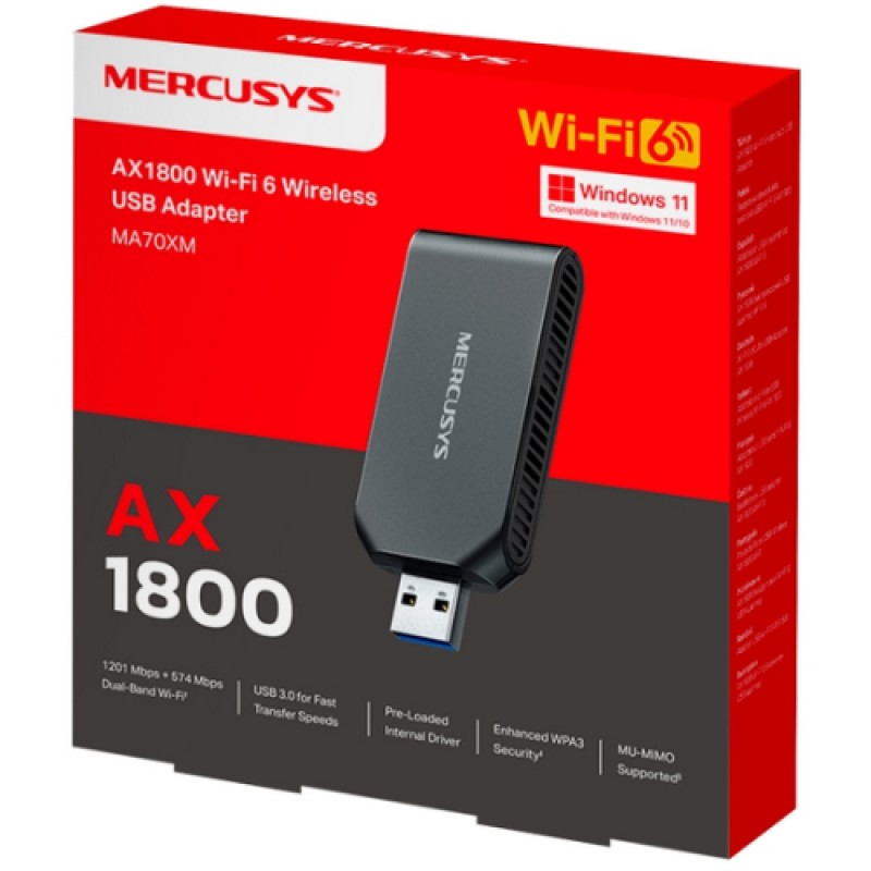 ADAPTOR RETEA MERCUSYS, AX1800 extern wireless Dual-Band, USB 3.0, 1800 Mbps, antena interna x 2, "MA70XM"