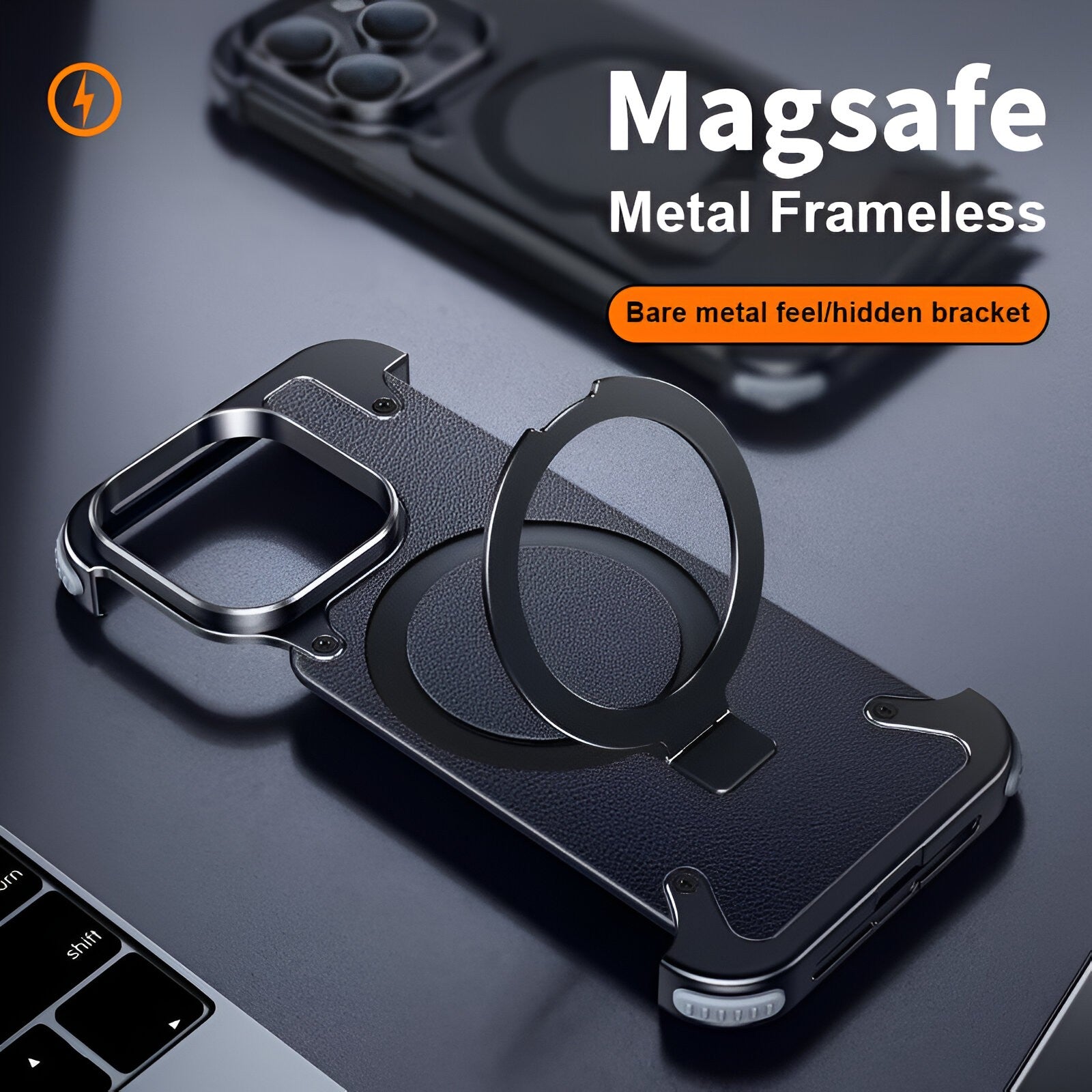 Husa de Protectie Compatibil cu iPhone 15 Pro Max, Incarcare Wireless, Tehnologie Magsafe, Inel Magnetic Rotativ 360 cu Functie de Suport, Rama Metalica, Carcasa din Piele, Negru