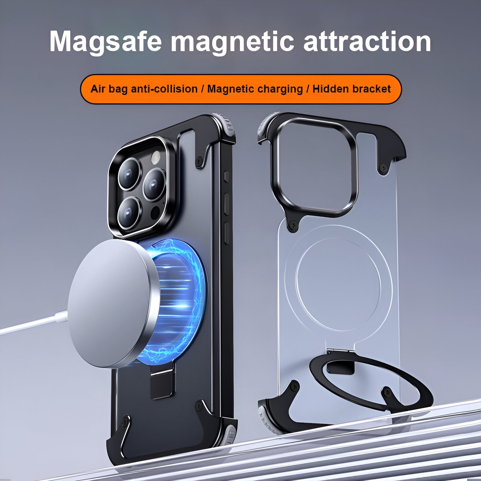 Husa de Protectie Compatibil cu iPhone 15 Pro Max, Incarcare Wireless, Tehnologie Magsafe, Inel Magnetic Rotativ 360 cu Functie de Suport, Rama Metalica, Carcasa din Piele, Negru