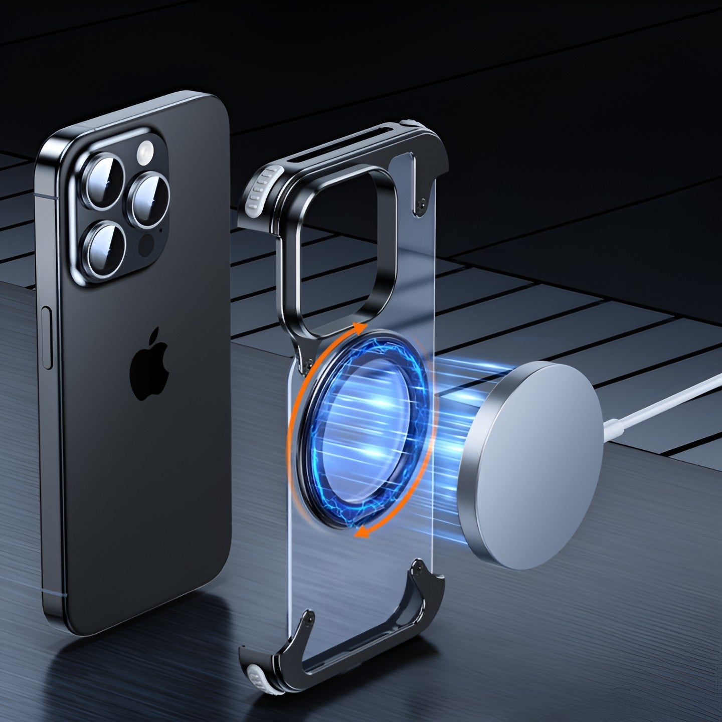 Husa de Protectie Compatibil cu iPhone 15 Pro Max, Incarcare Wireless, Tehnologie Magsafe, Inel Magnetic Rotativ 360 cu Functie de Suport, Rama Metalica, Carcasa din PC, Negru Transparent