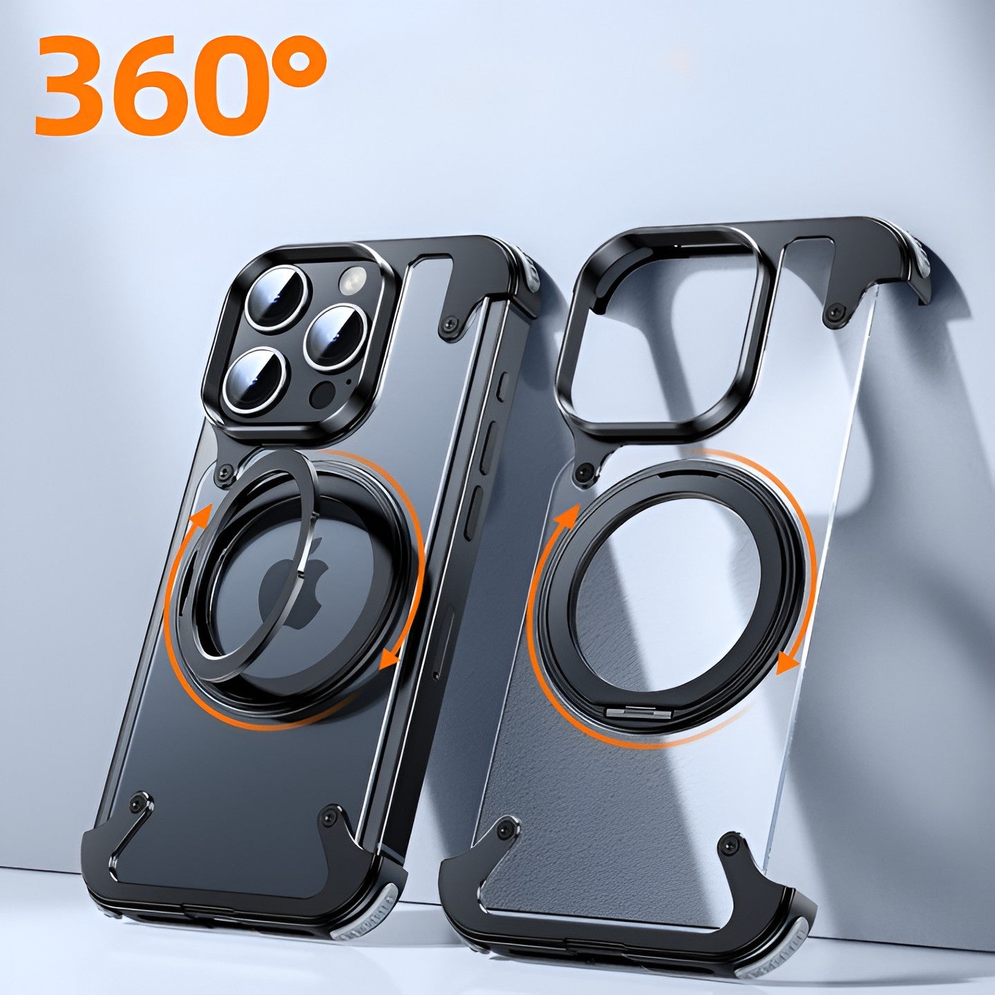 Husa de Protectie Compatibil cu iPhone 15 Pro Max, Incarcare Wireless, Tehnologie Magsafe, Inel Magnetic Rotativ 360 cu Functie de Suport, Rama Metalica, Carcasa din PC, Negru Transparent