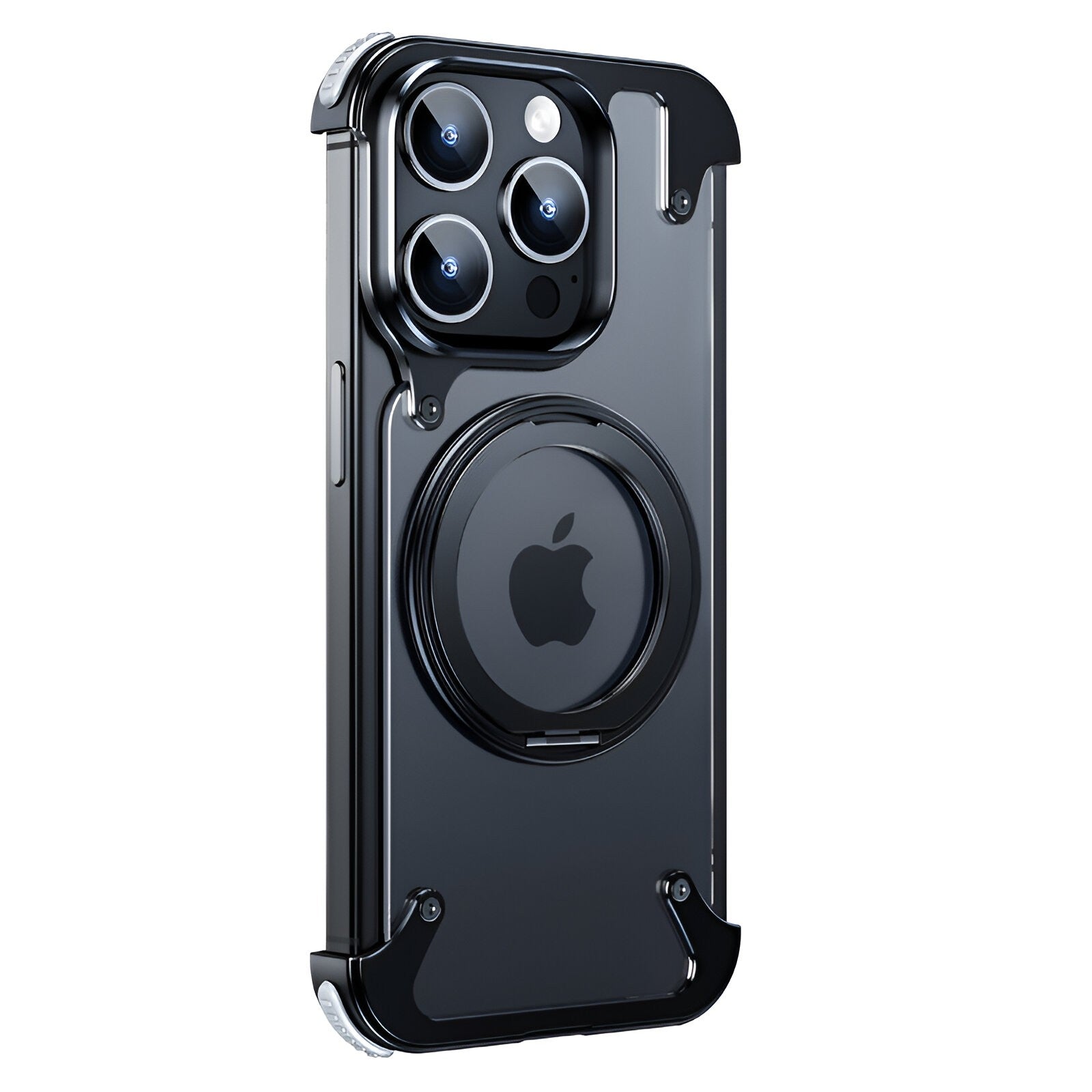 Husa de Protectie Compatibil cu iPhone 15 Pro Max, Incarcare Wireless, Tehnologie Magsafe, Inel Magnetic Rotativ 360 cu Functie de Suport, Rama Metalica, Carcasa din PC, Negru Transparent