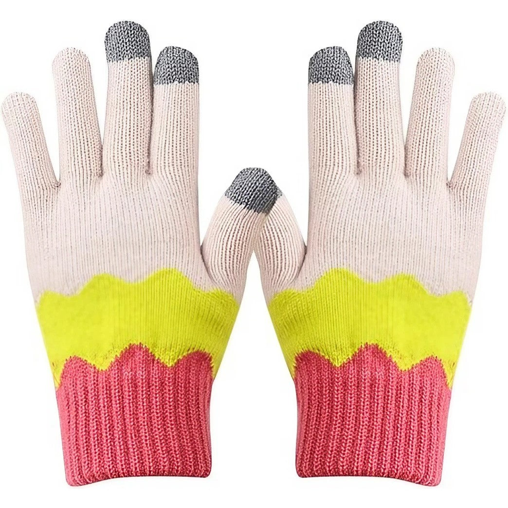 Manusi de Dama, Model Ondulat, Functie Touchscreen (ecran tactil), Material Acril Tricotat, Manseta Elastica, Interior Catifelat, Marime Universala, Galben/Roz