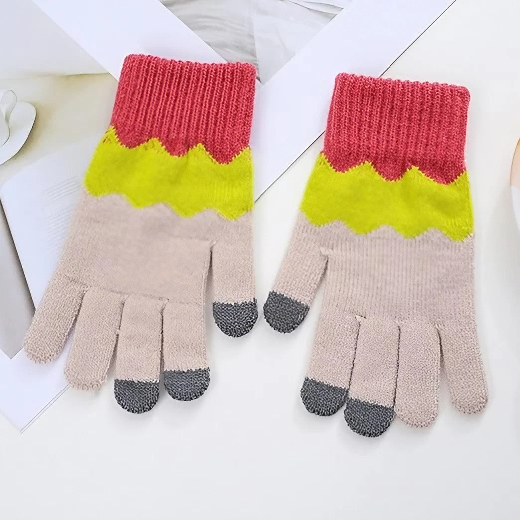 Manusi de Dama, Model Ondulat, Functie Touchscreen (ecran tactil), Material Acril Tricotat, Manseta Elastica, Interior Catifelat, Marime Universala, Galben/Roz