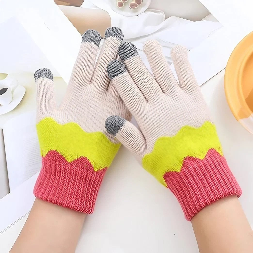 Manusi de Dama, Model Ondulat, Functie Touchscreen (ecran tactil), Material Acril Tricotat, Manseta Elastica, Interior Catifelat, Marime Universala, Galben/Roz