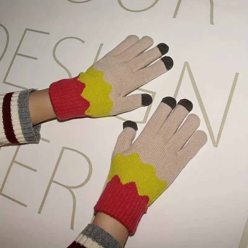 Manusi de Dama, Model Ondulat, Functie Touchscreen (ecran tactil), Material Acril Tricotat, Manseta Elastica, Interior Catifelat, Marime Universala, Galben/Roz