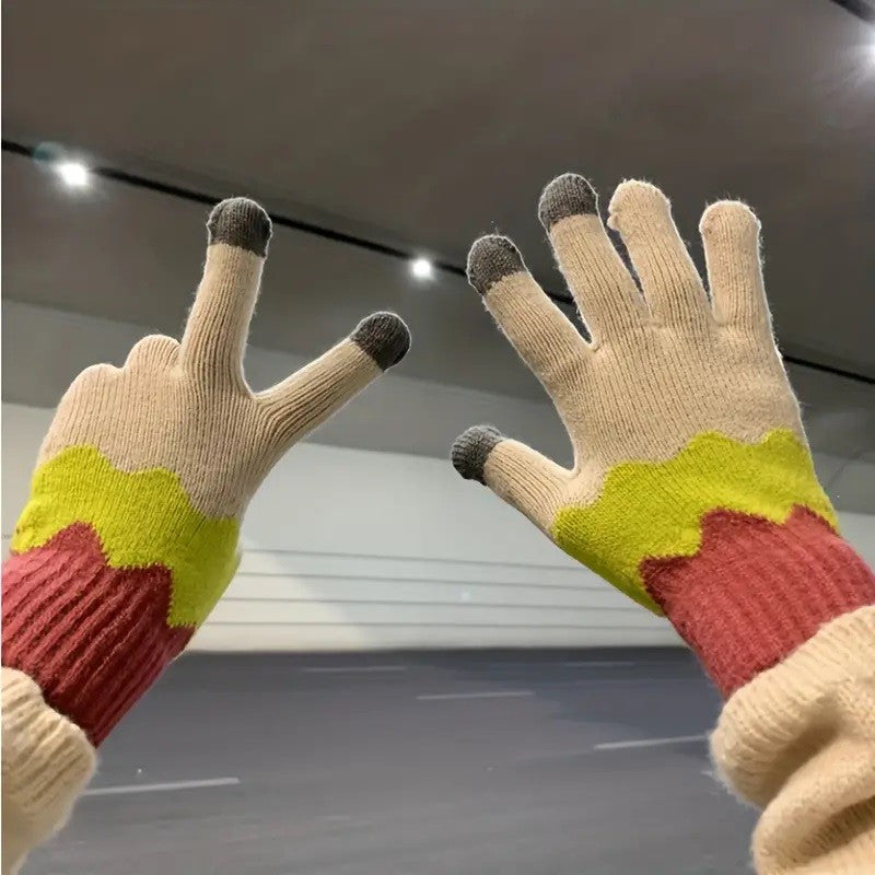 Manusi de Dama, Model Ondulat, Functie Touchscreen (ecran tactil), Material Acril Tricotat, Manseta Elastica, Interior Catifelat, Marime Universala, Galben/Roz