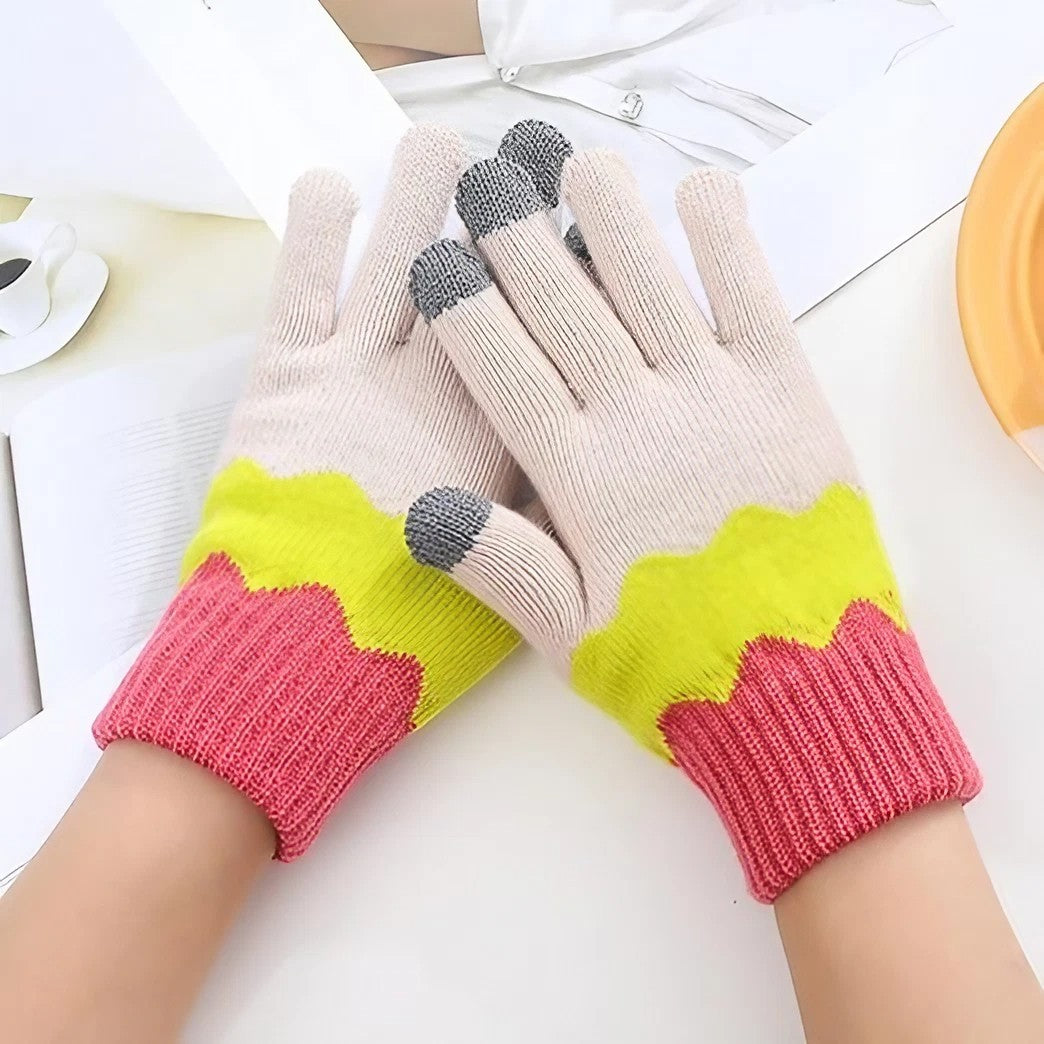 Manusi de Dama, Model Ondulat, Functie Touchscreen (ecran tactil), Material Acril Tricotat, Manseta Elastica, Interior Catifelat, Marime Universala, Galben/Roz