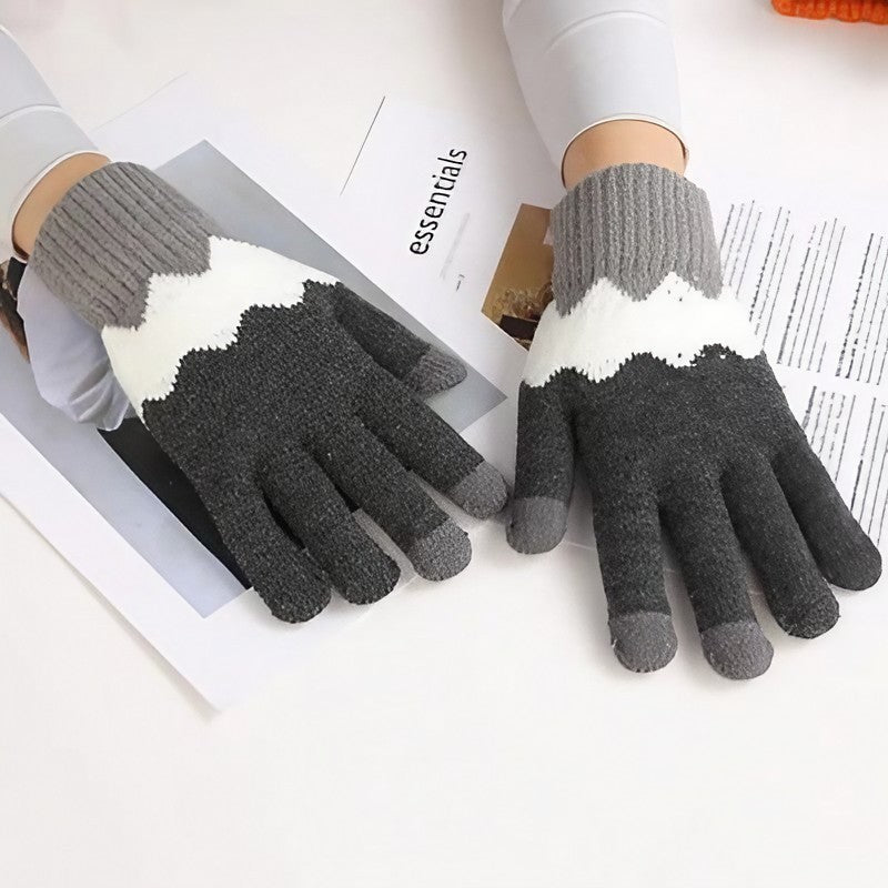 Manusi de Dama, Model Ondulat, Functie Touchscreen (ecran tactil), Material Acril Tricotat, Manseta Elastica, Interior Catifelat, Marime Universala, Gri/Alb