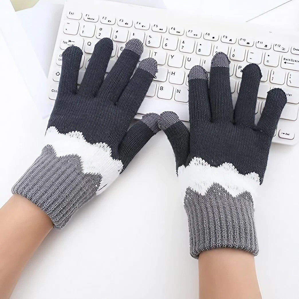 Manusi de Dama, Model Ondulat, Functie Touchscreen (ecran tactil), Material Acril Tricotat, Manseta Elastica, Interior Catifelat, Marime Universala, Gri/Alb