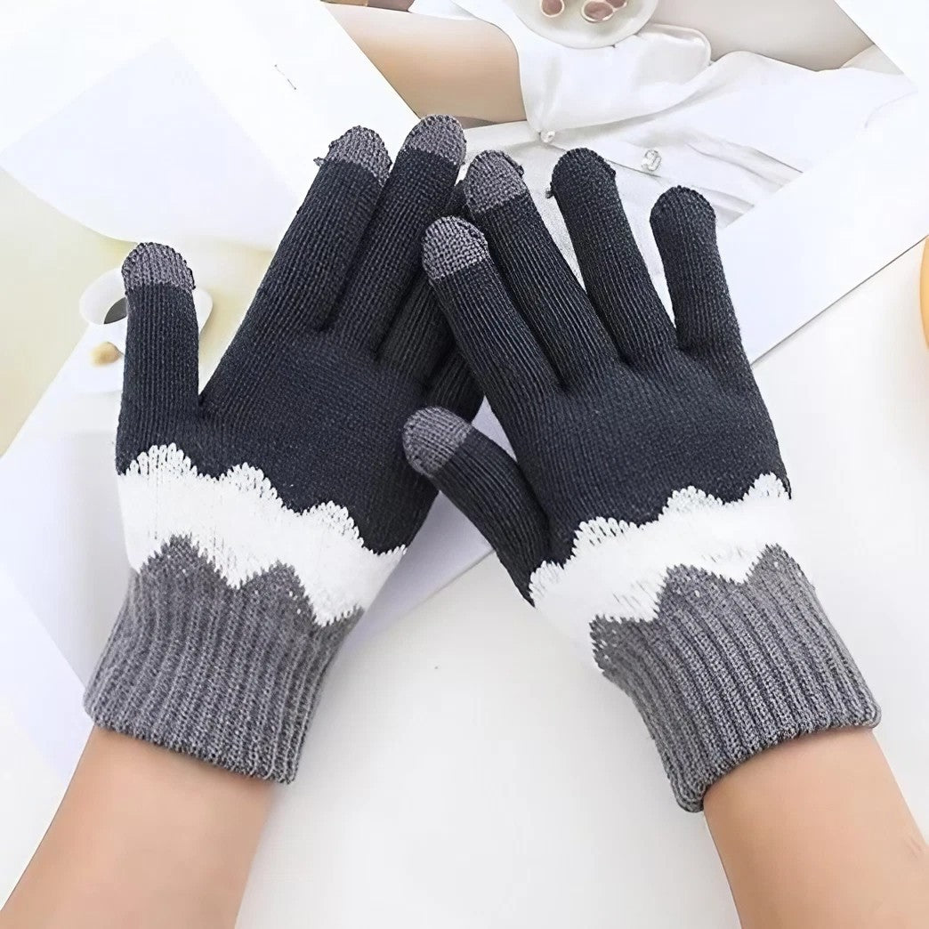 Manusi de Dama, Model Ondulat, Functie Touchscreen (ecran tactil), Material Acril Tricotat, Manseta Elastica, Interior Catifelat, Marime Universala, Gri/Alb
