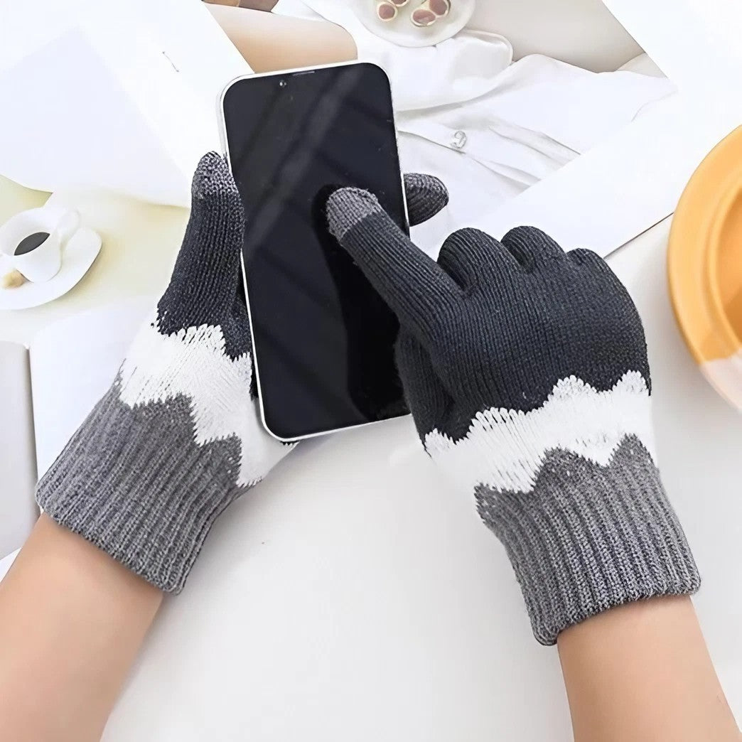 Manusi de Dama, Model Ondulat, Functie Touchscreen (ecran tactil), Material Acril Tricotat, Manseta Elastica, Interior Catifelat, Marime Universala, Gri/Alb