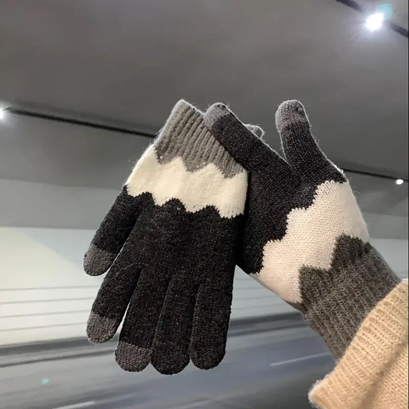 Manusi de Dama, Model Ondulat, Functie Touchscreen (ecran tactil), Material Acril Tricotat, Manseta Elastica, Interior Catifelat, Marime Universala, Gri/Alb