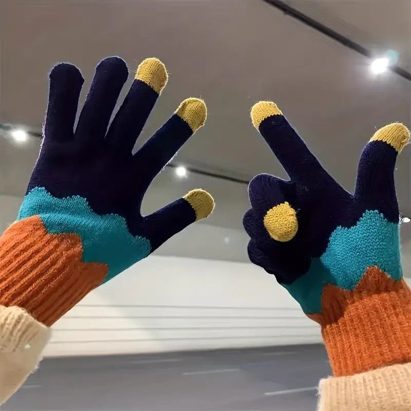 Manusi de Dama, Model Ondulat, Functie Touchscreen (ecran tactil), Material Acril Tricotat, Manseta Elastica, Interior Catifelat, Marime Universala, Portocaliu/Albastru