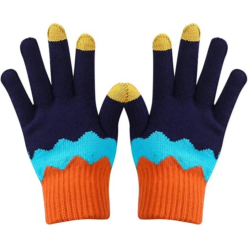 Manusi de Dama, Model Ondulat, Functie Touchscreen (ecran tactil), Material Acril Tricotat, Manseta Elastica, Interior Catifelat, Marime Universala, Portocaliu/Albastru