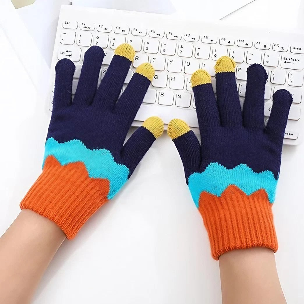 Manusi de Dama, Model Ondulat, Functie Touchscreen (ecran tactil), Material Acril Tricotat, Manseta Elastica, Interior Catifelat, Marime Universala, Portocaliu/Albastru